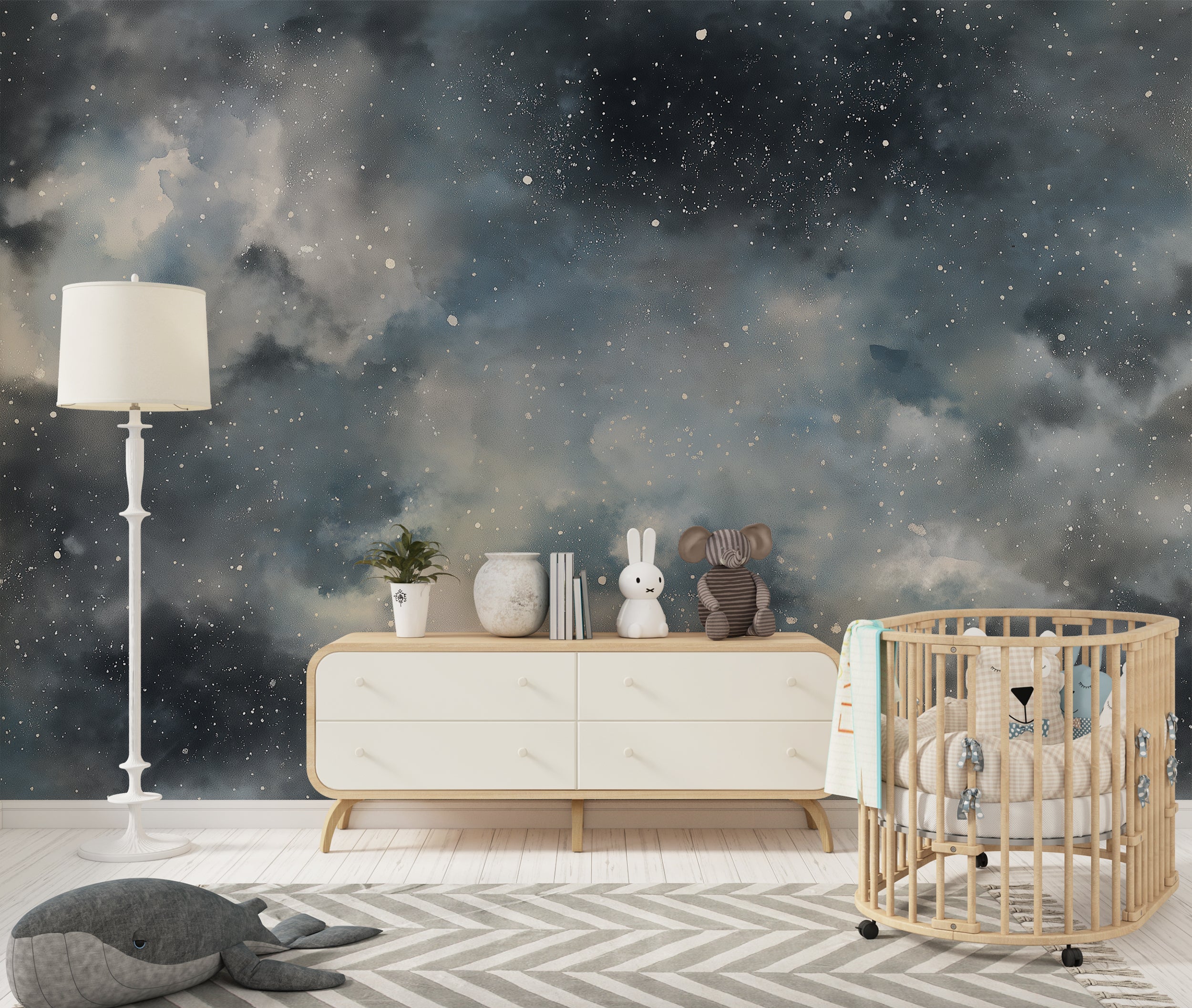 Starry Galaxy Wall Mural Watercolor Night Sky Wallpaper Celestial Space Theme with Stars and Clouds