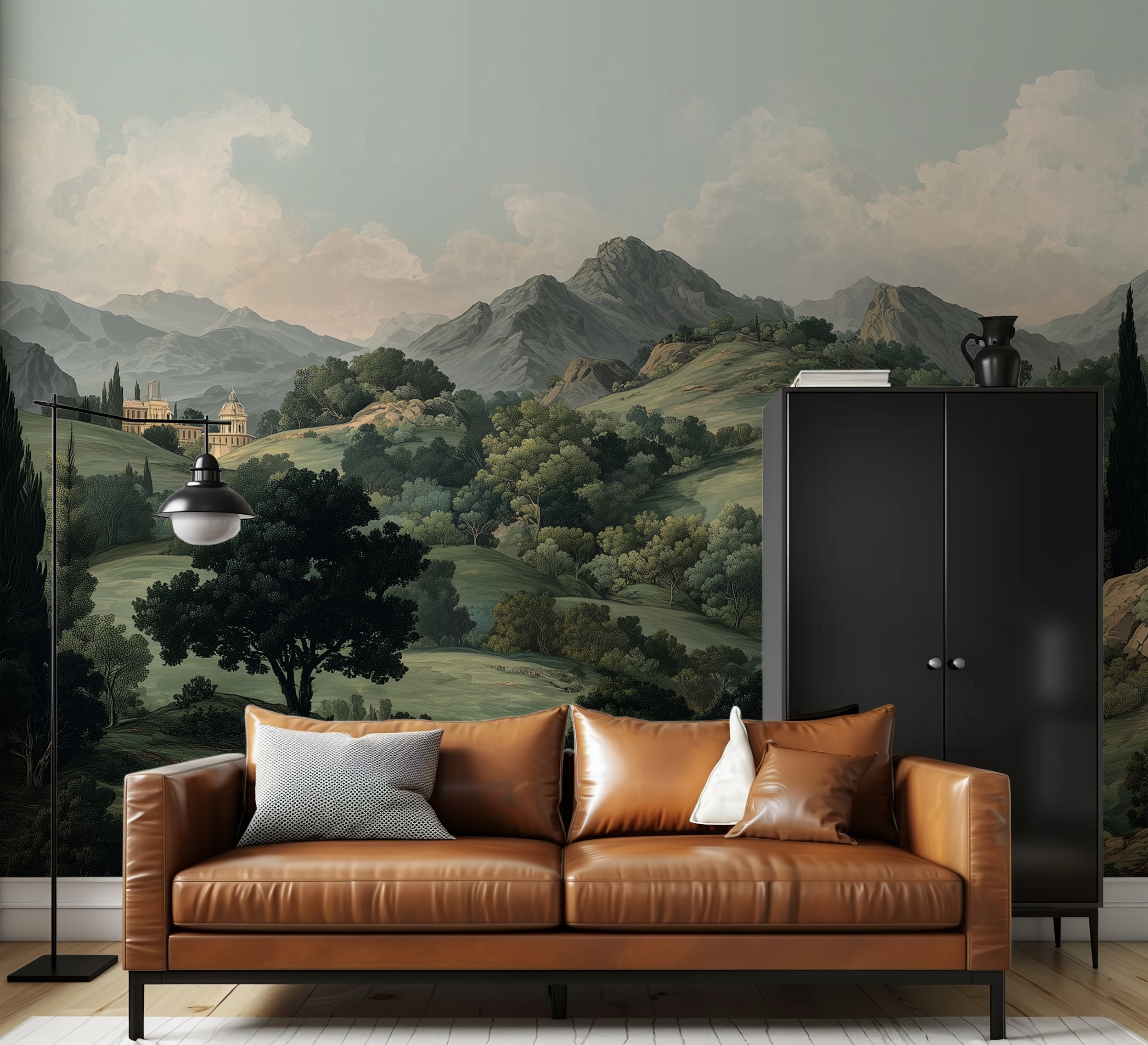 rolling landscape with forest mural
painterly tuscan landscape wallpaper