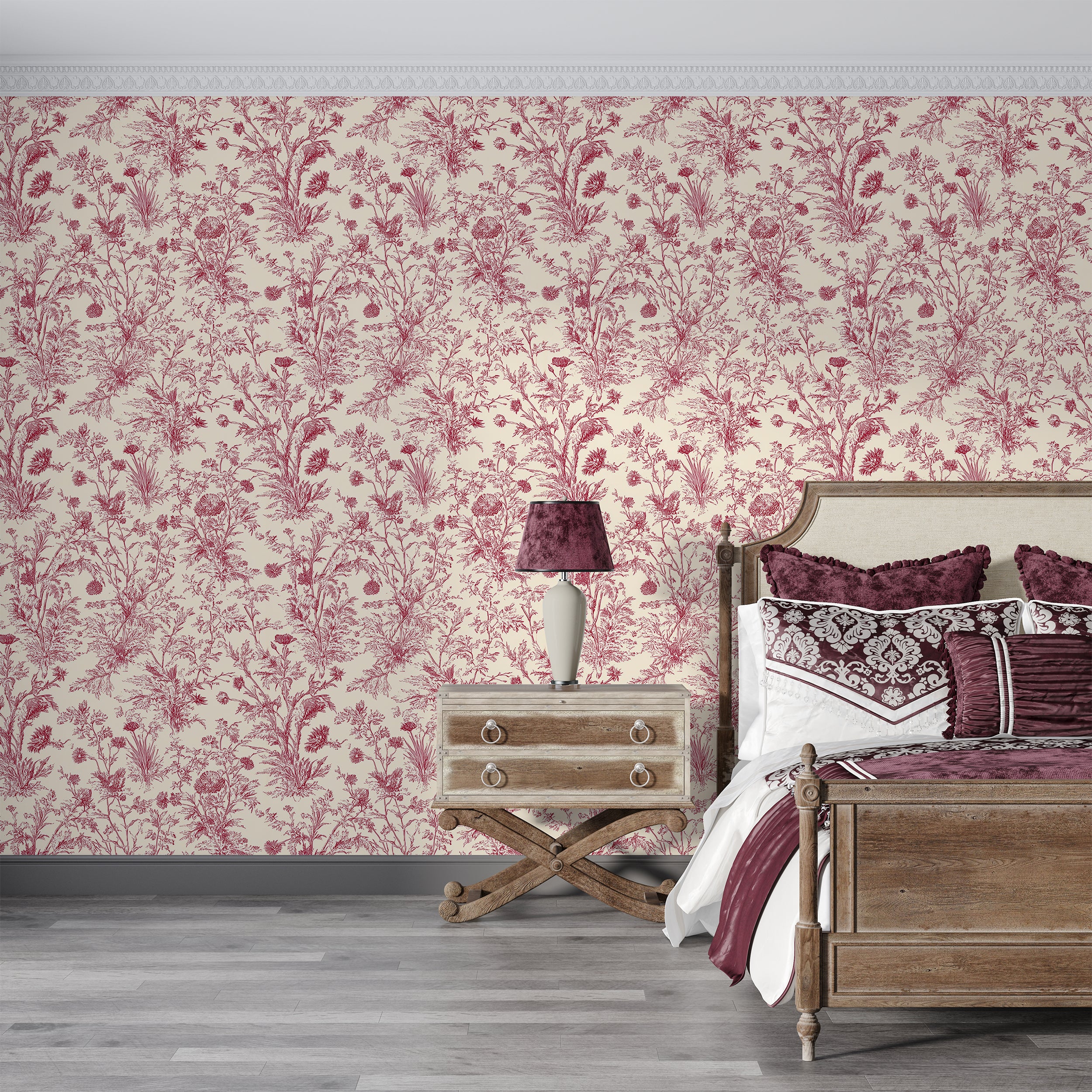 Red and White Toile de Jouy Wallpaper Vintage Botanical Floral Pattern Classic French Style Wall Mural