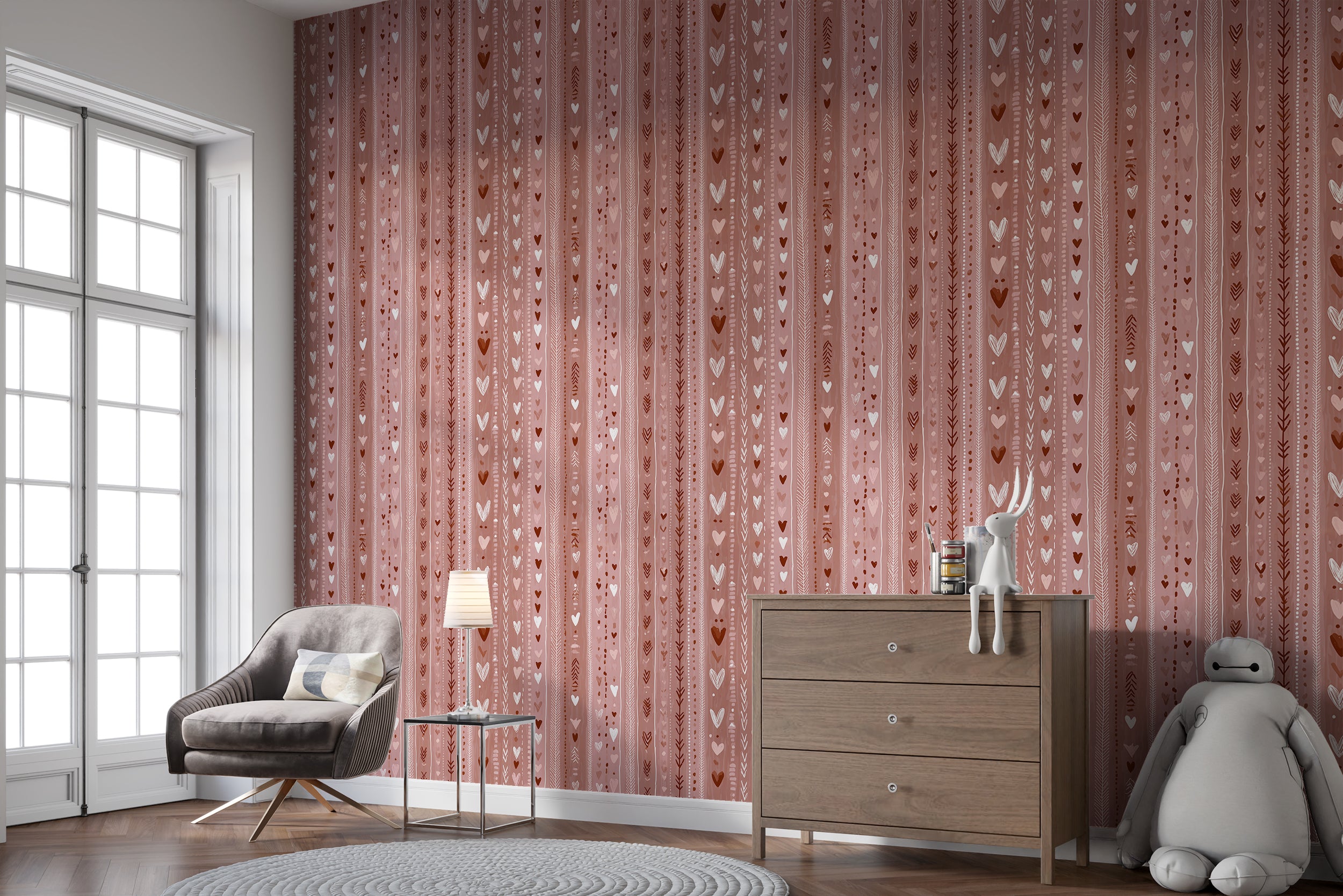 heart themed nursery wallpaper
soft pink wallpaper with illustrations