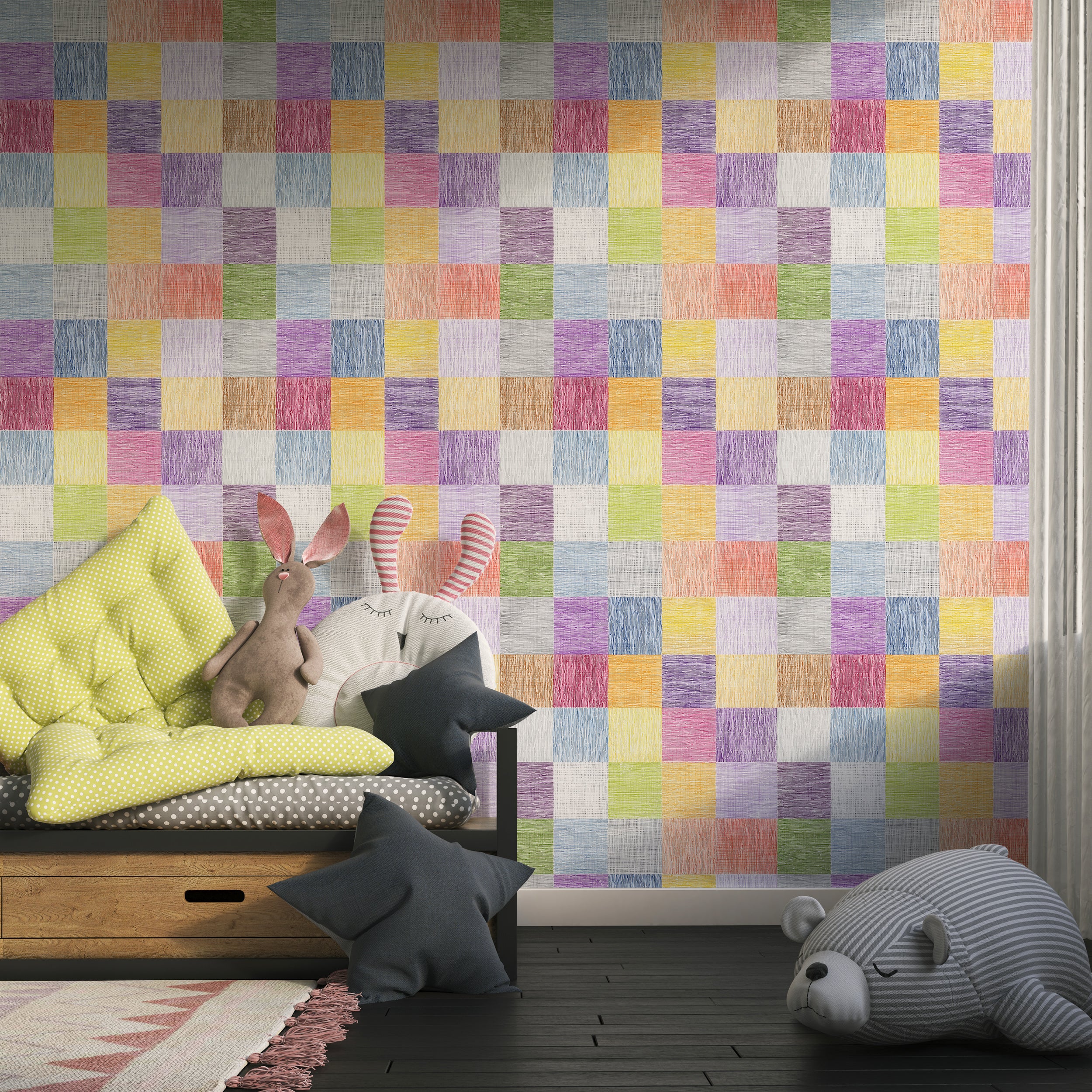 artistic squares wallpaper design
rainbow colored wall mural for playroom