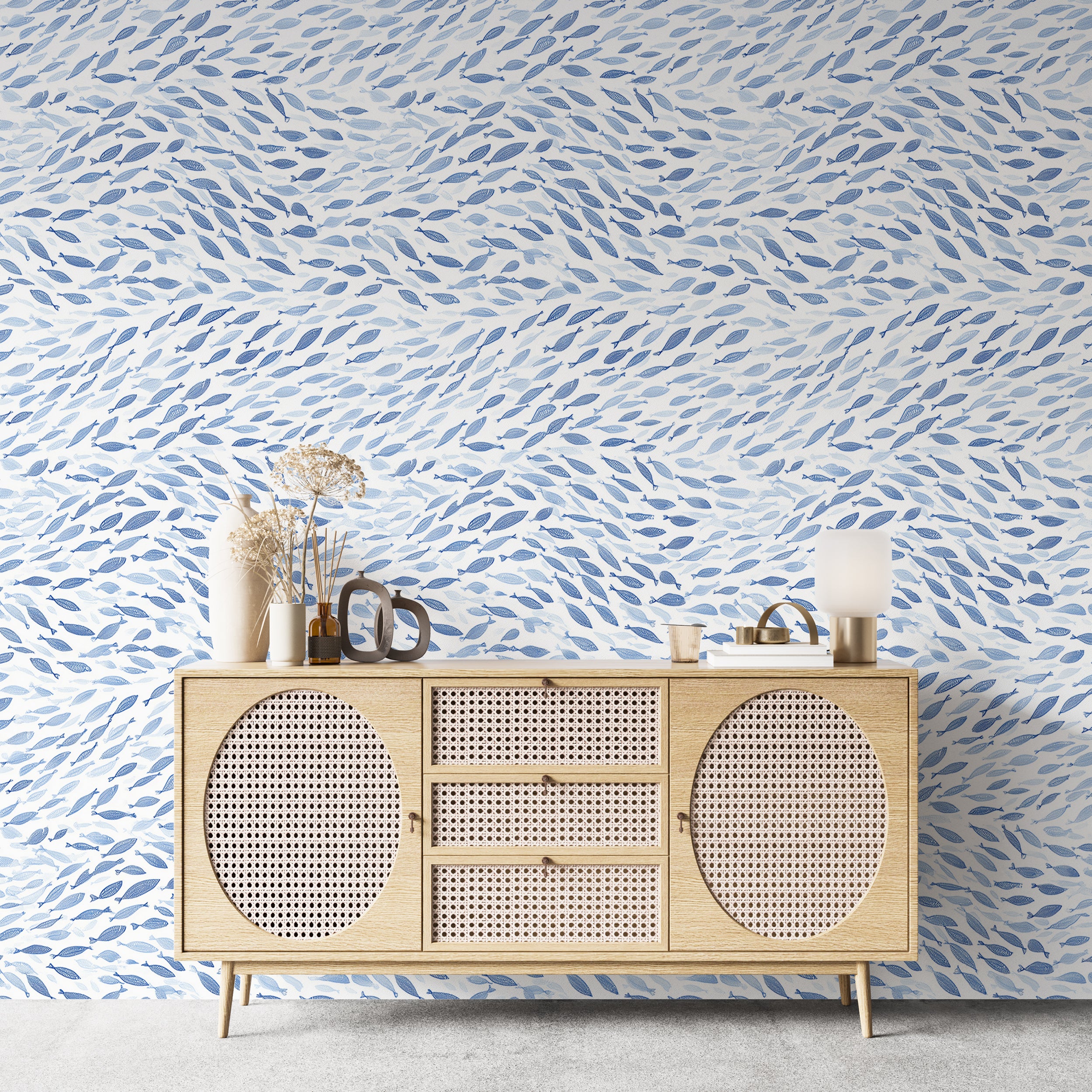 Blue Fish Pattern Wallpaper Hand Drawn Ocean School Swimming Fish Nautical Watercolor Illustration