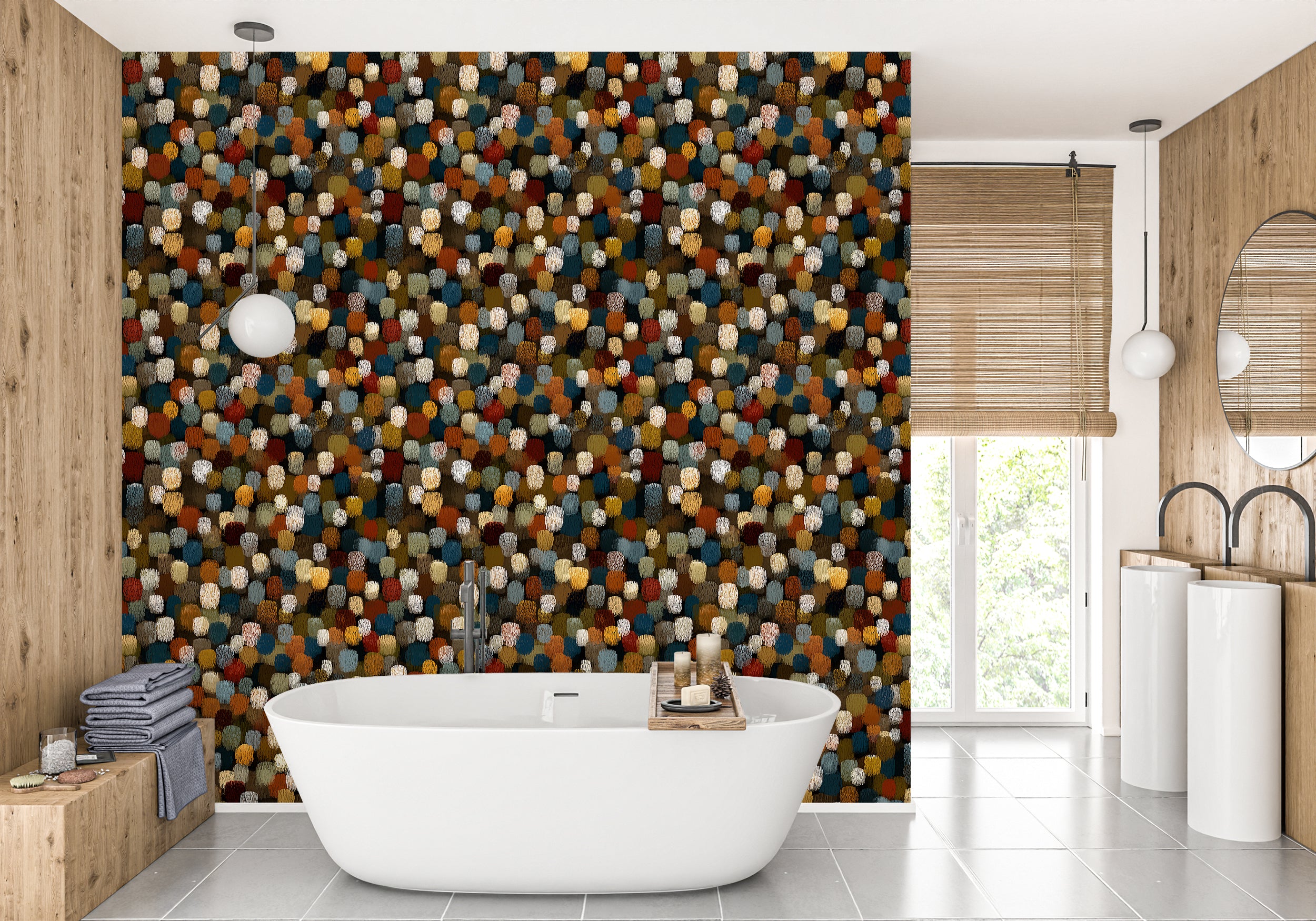 Hand Painted Brush Dot Pattern Multicolor Abstract Wallpaper with Textured Look and Organic Shapes