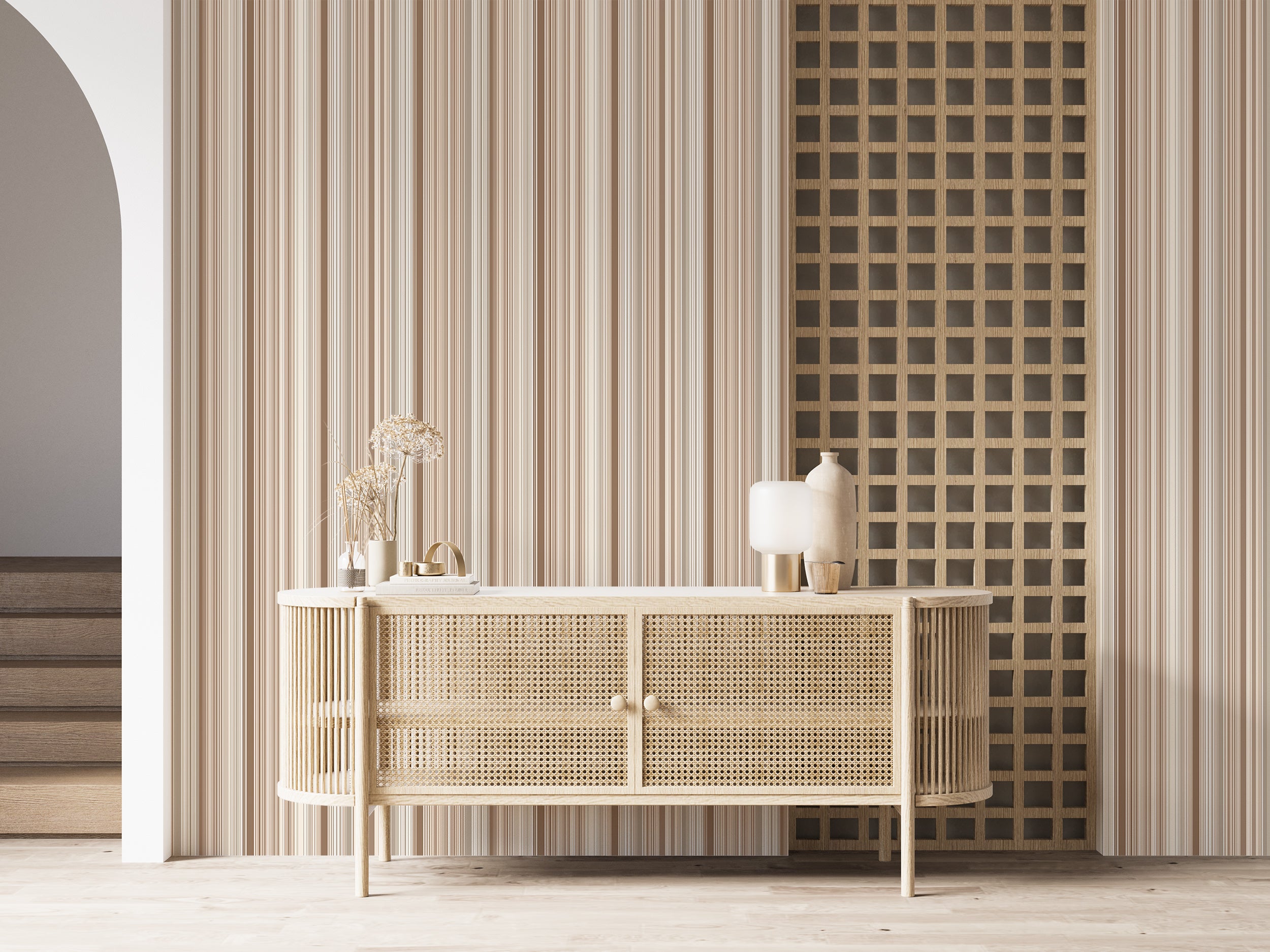 Vertical Beige And Brown Striped Wallpaper Pattern With Thin And Thick Lines In Soft Neutral Shades