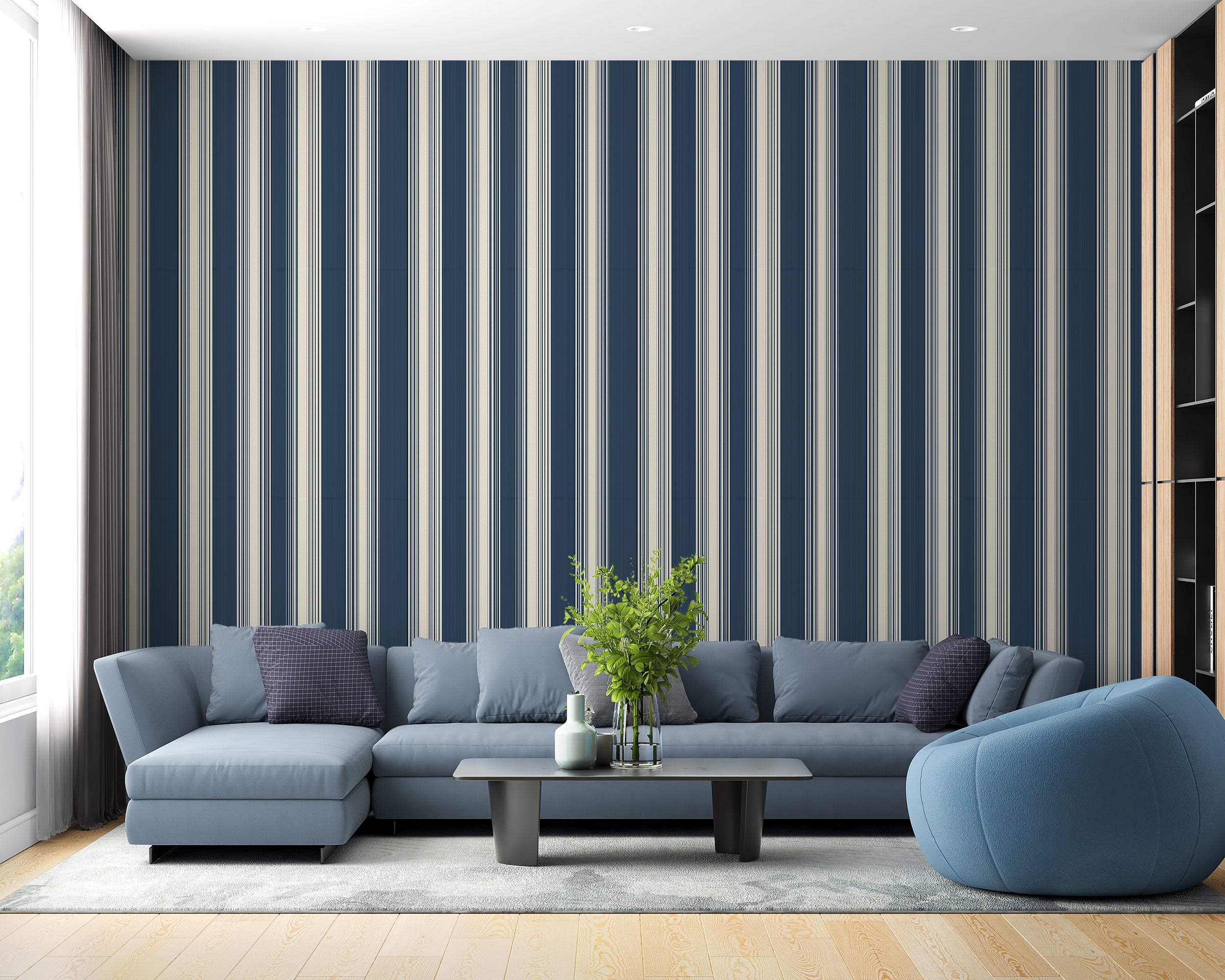Timeless vertical wallpaper in blue hues
Navy and off-white wallpaper stripes