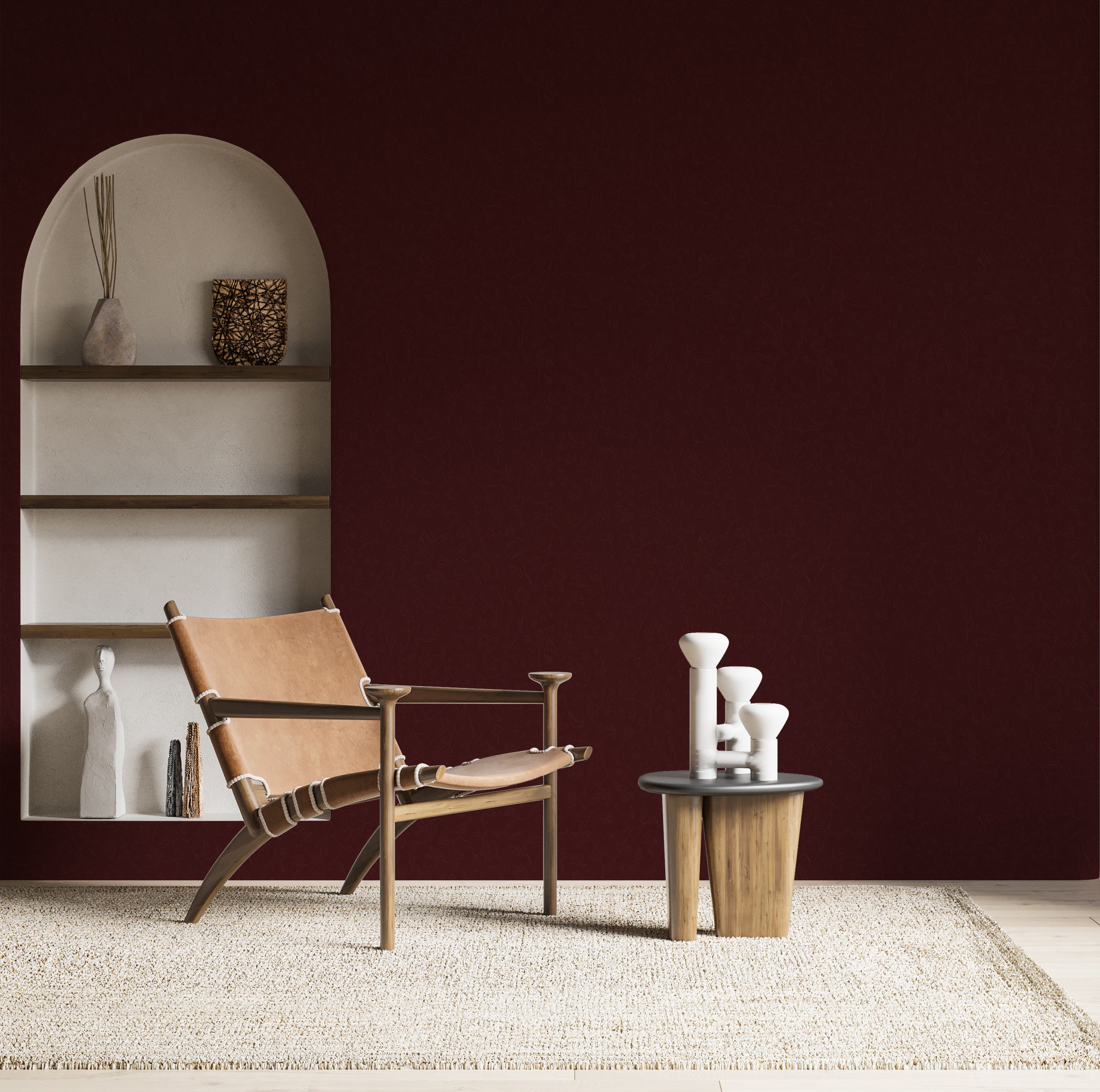 Dark Burgundy Wallpaper Botanical Line Art Pattern with Elegant Floral Vines and Delicate Minimalist Plant Motifs