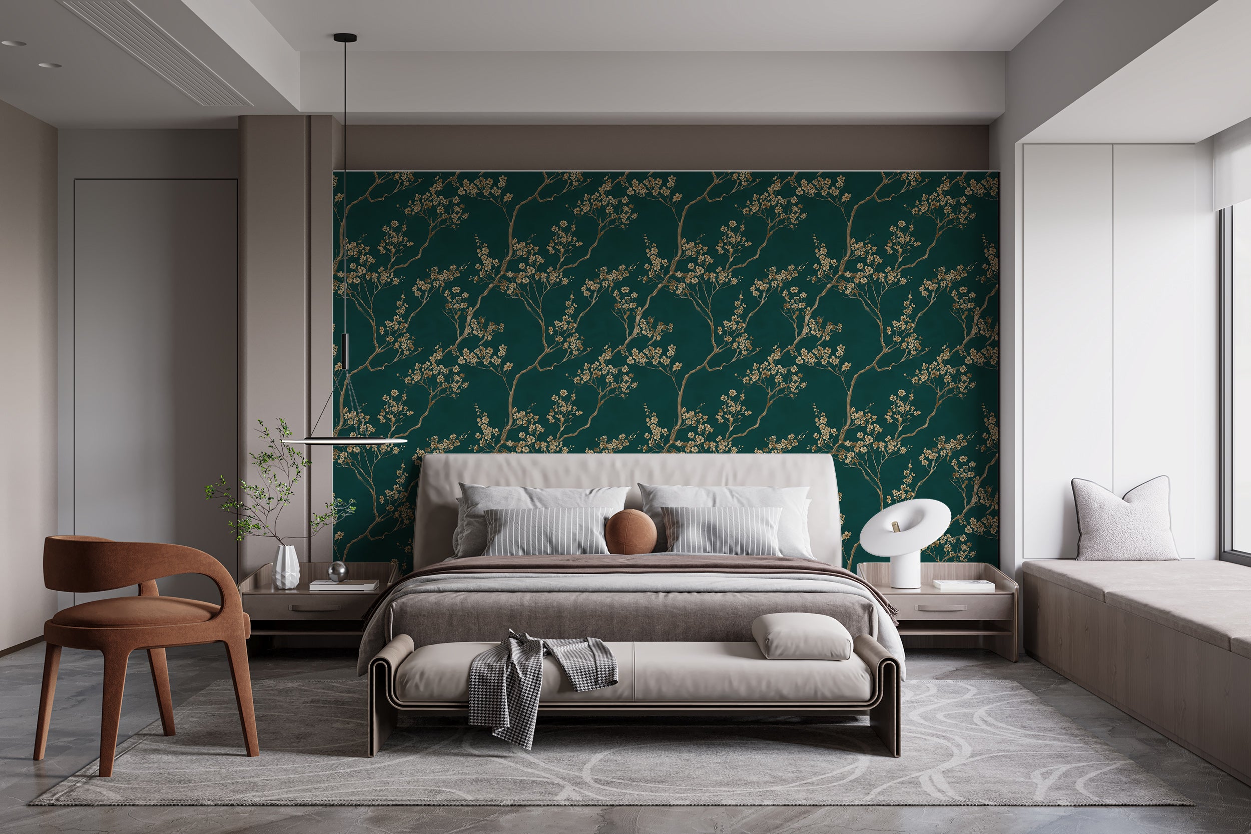 Artistic gold floral pattern on deep teal
Organic branch and flower wallpaper design