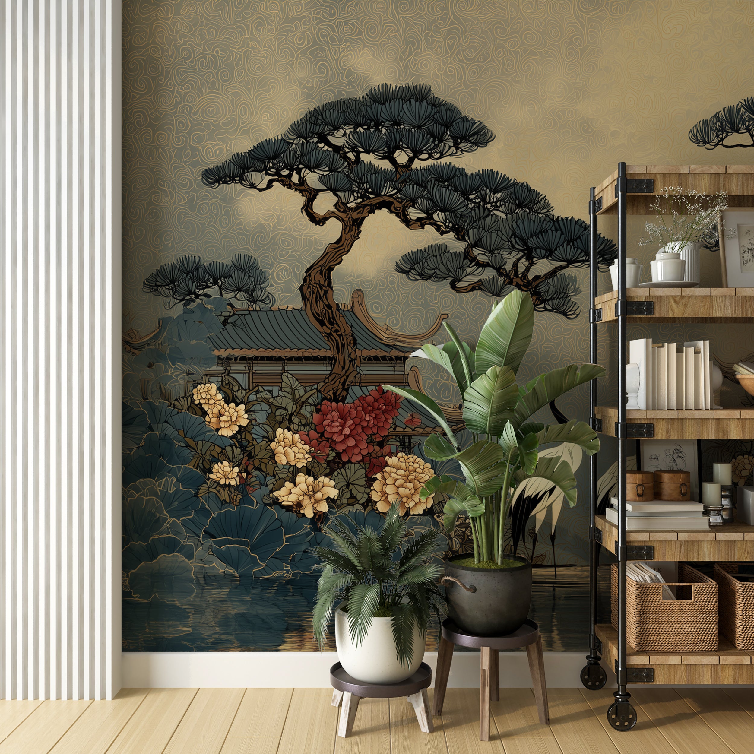 Chinoiserie Wall Mural Crane Garden Landscape Wallpaper Oriental Architecture Pine Trees Floral Scenic Wall Art Design