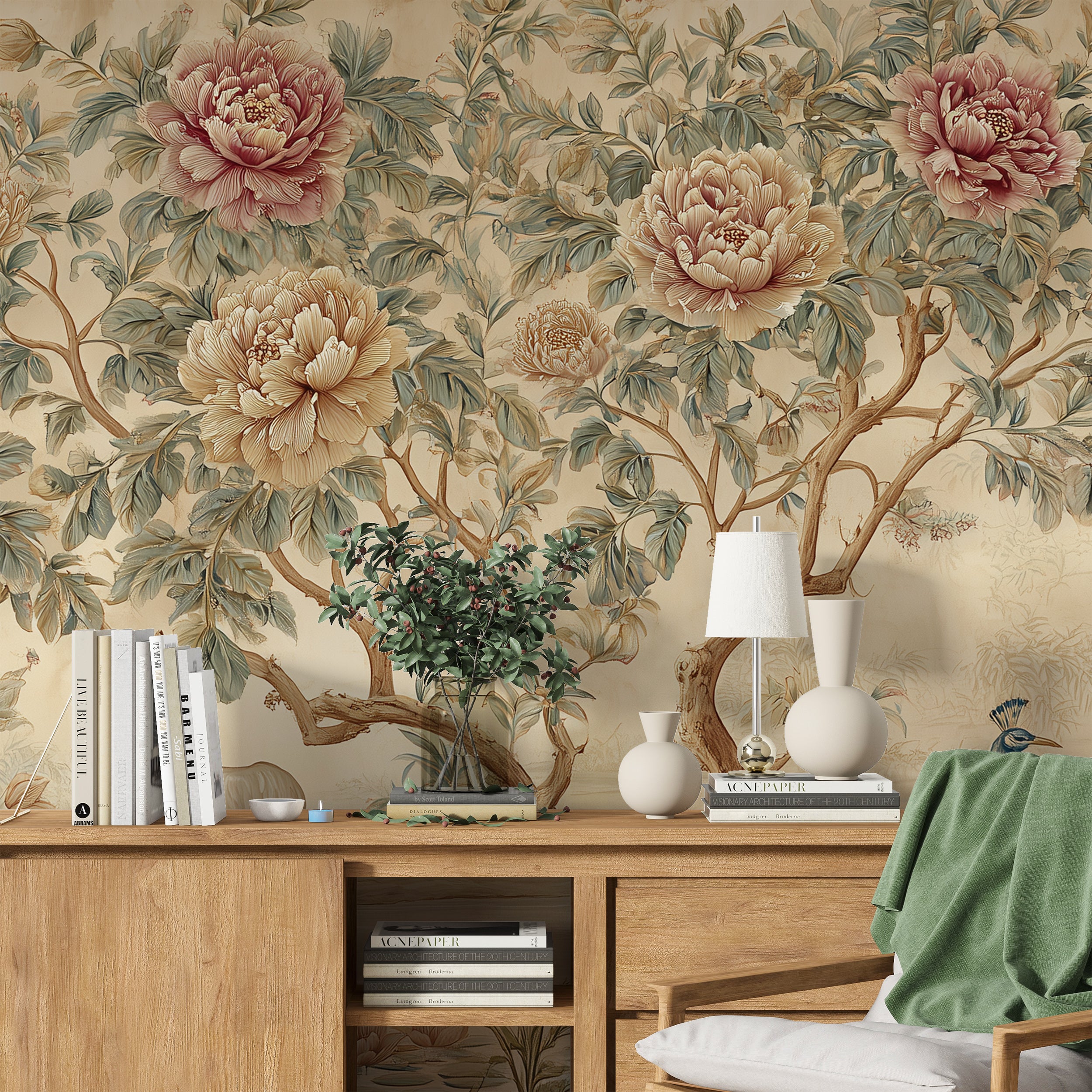 soft vintage garden wallpaper mural
romantic floral wall art peacock scene