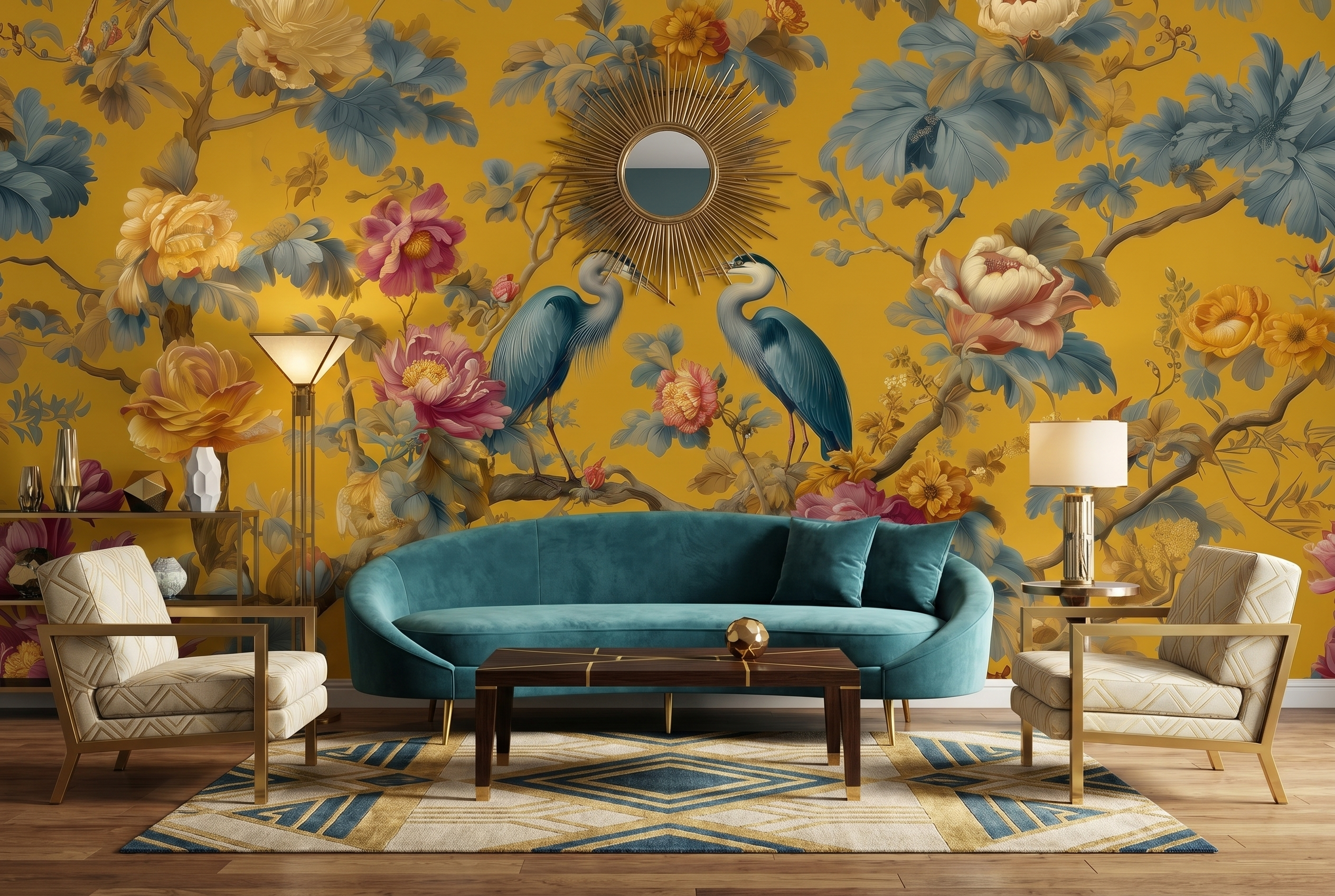 oriental peony wallpaper mural design
luxury chinoiserie wall mural yellow tone