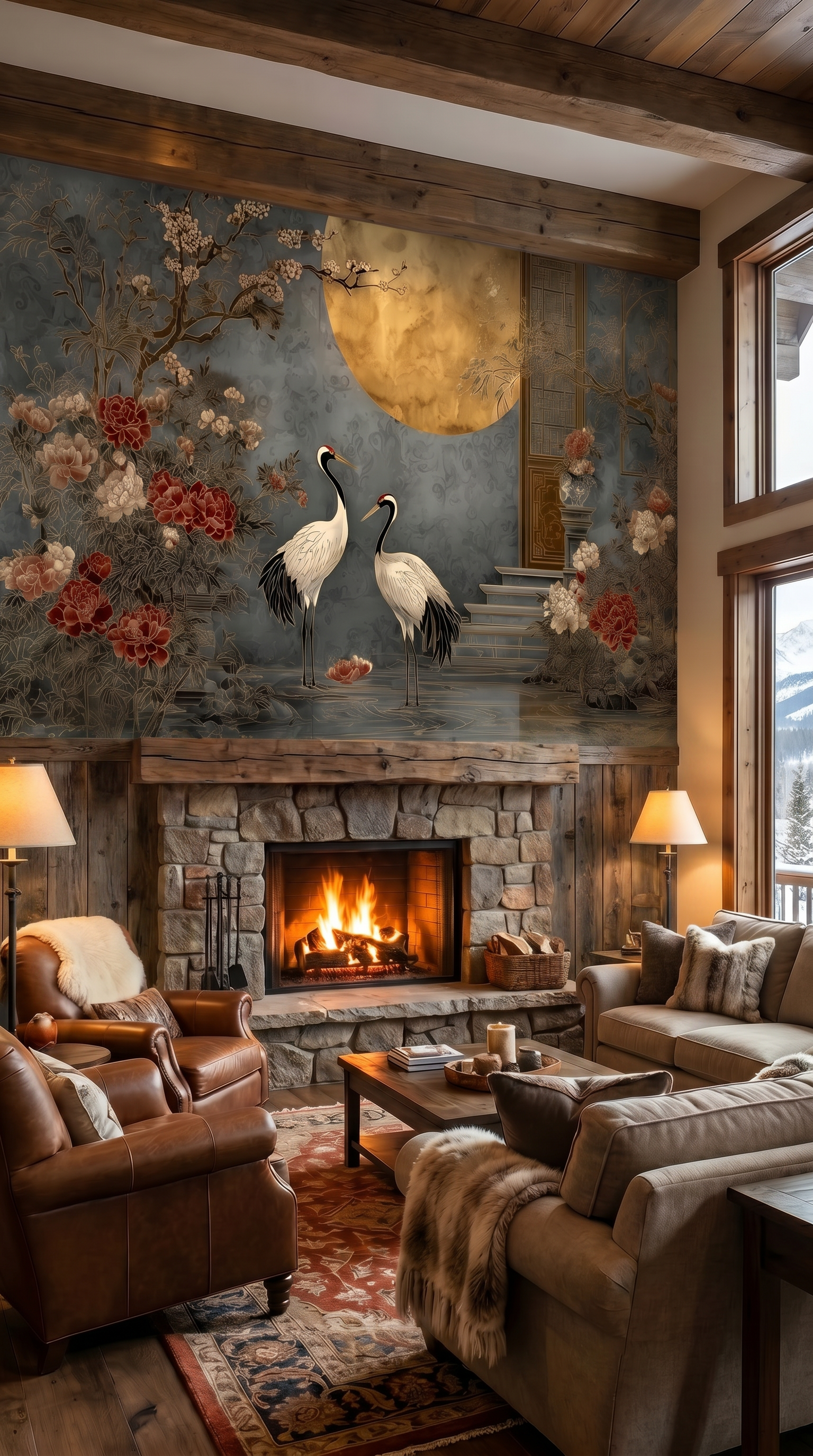 floral crane mural luxury wall decor
large chinoiserie wall mural garden scene