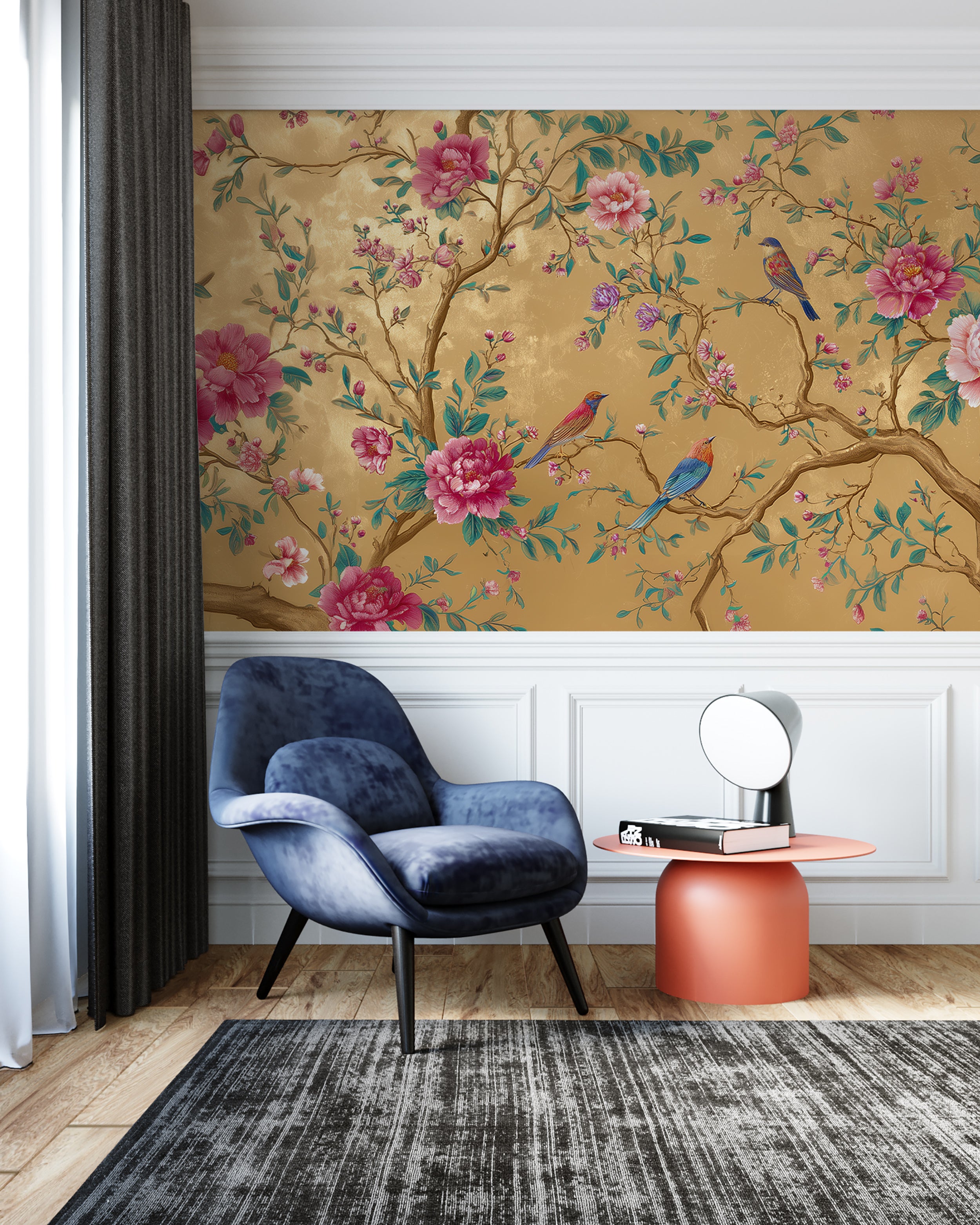 Chinoiserie Wall Mural Yellow Bird Floral Wallpaper Peony Blossom Branches Oriental Garden Decorative Wall Art