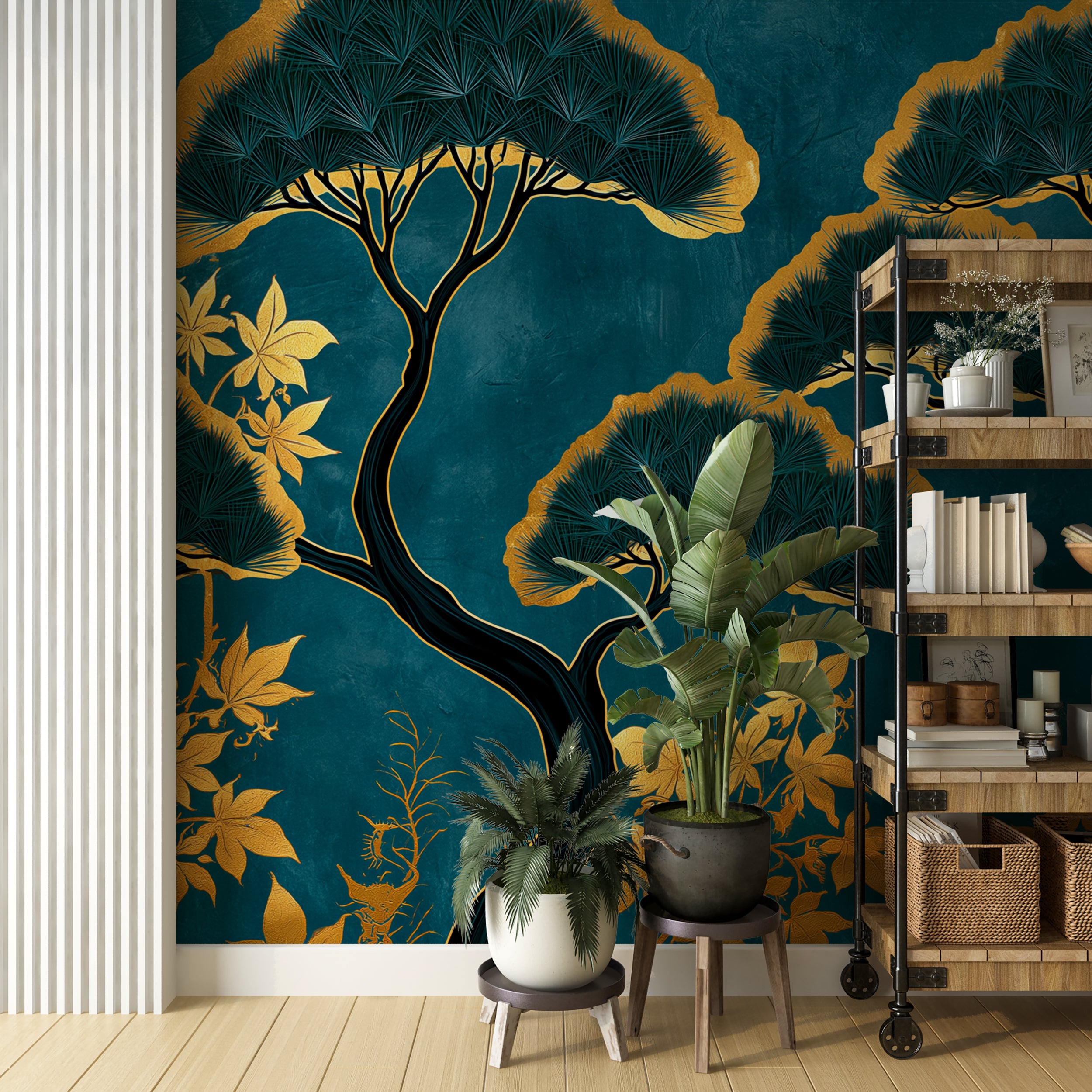 elegant pine tree wallpaper teal wall decor
dark teal wallpaper with metallic gold leaves