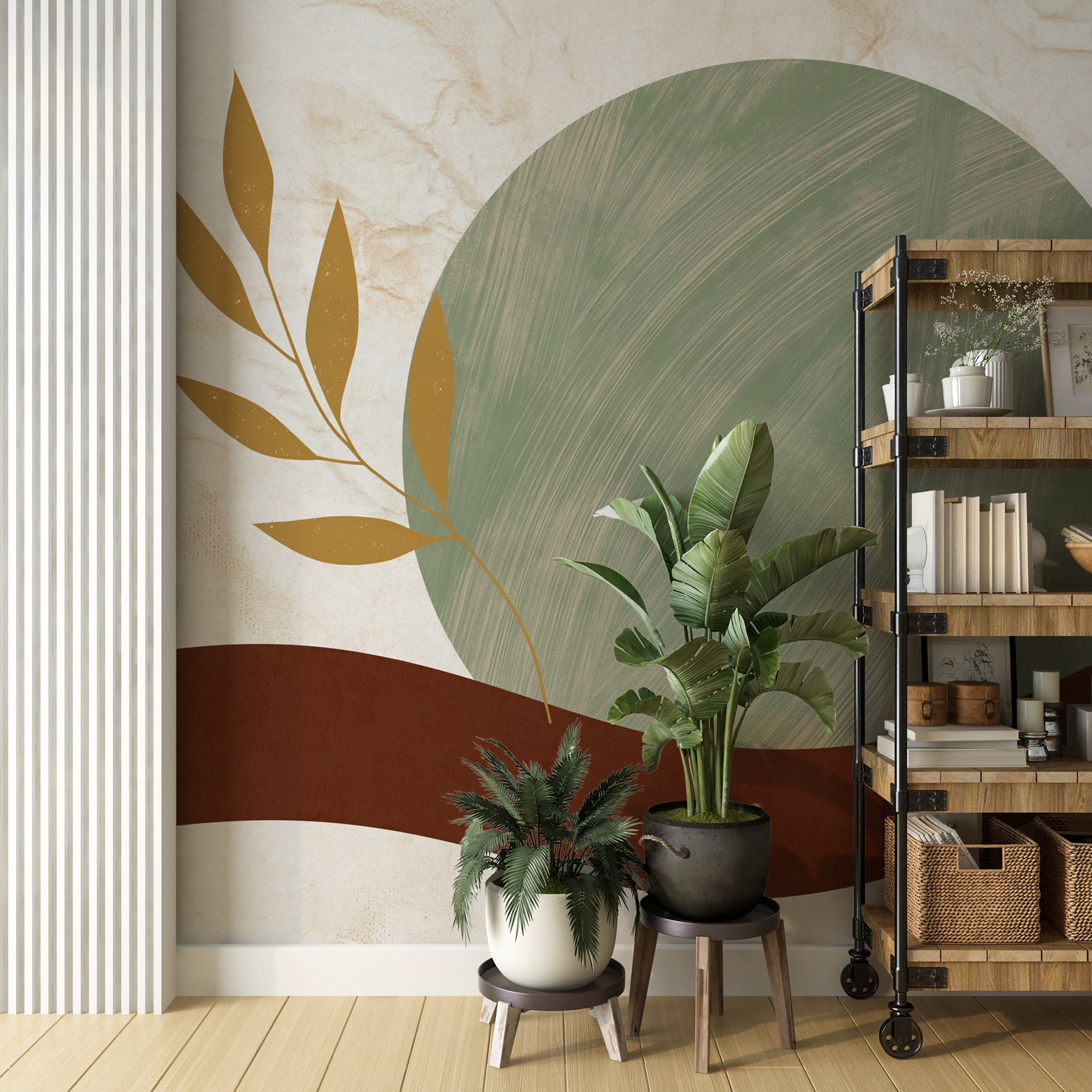 Abstract Boho Wall Mural Japandi Wallpaper Sage Green Terracotta Wallpaper Mid Century Modern Organic Shapes Wall Decor
