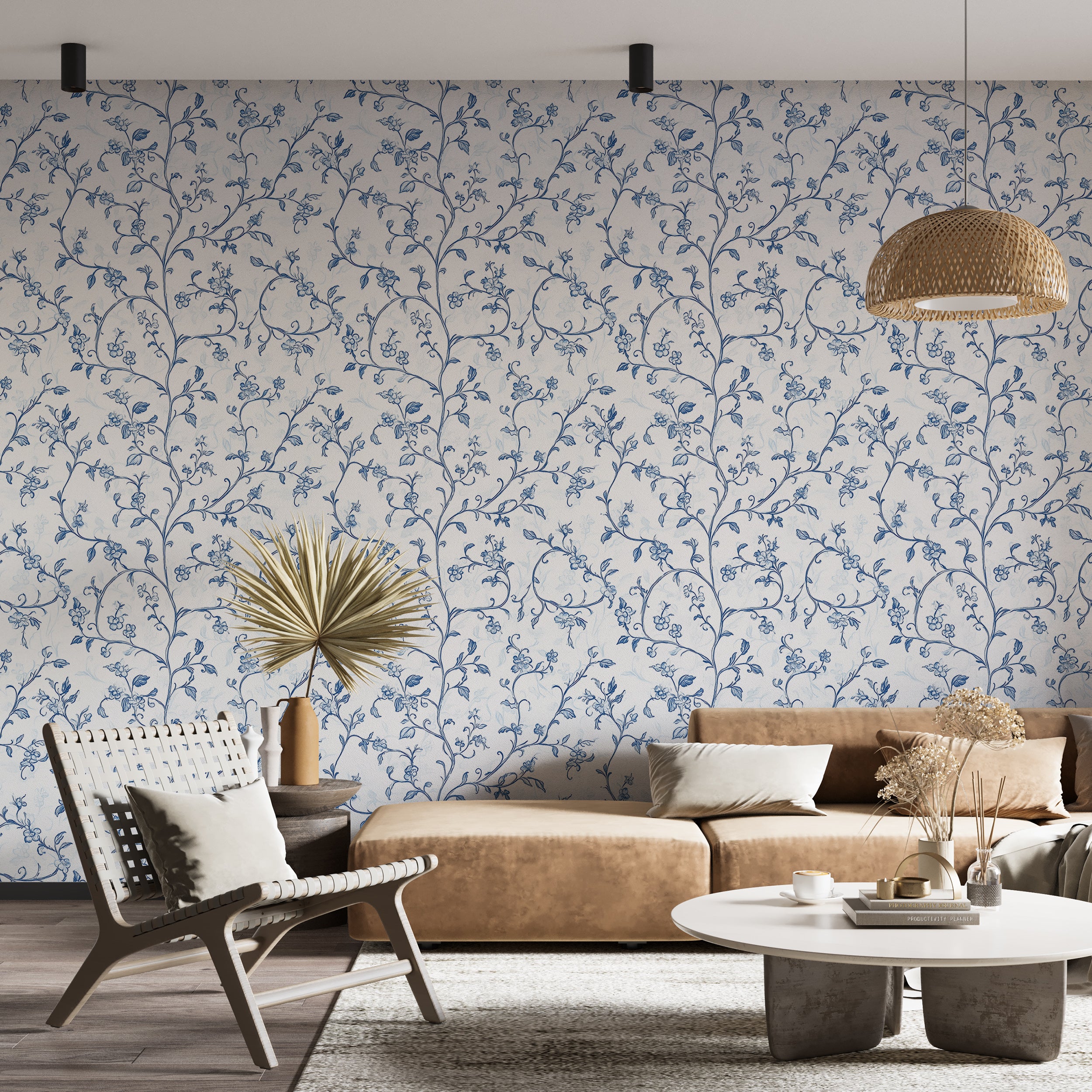 Delicate Blue Branches Wallpaper, Toile de Jouy Botanical Wall Decor, Peel and Stick Blue and White Classic Wallpaper