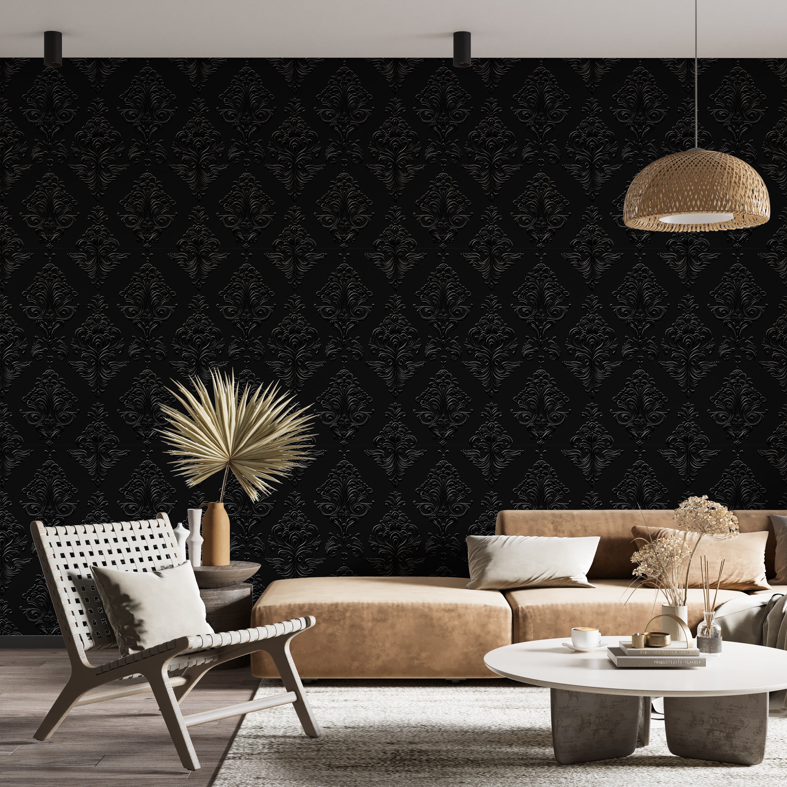 Black Classic Wallpaper, Dark Traditional Wall Decor, Peel and Stick Dark Vintage Wallpaper