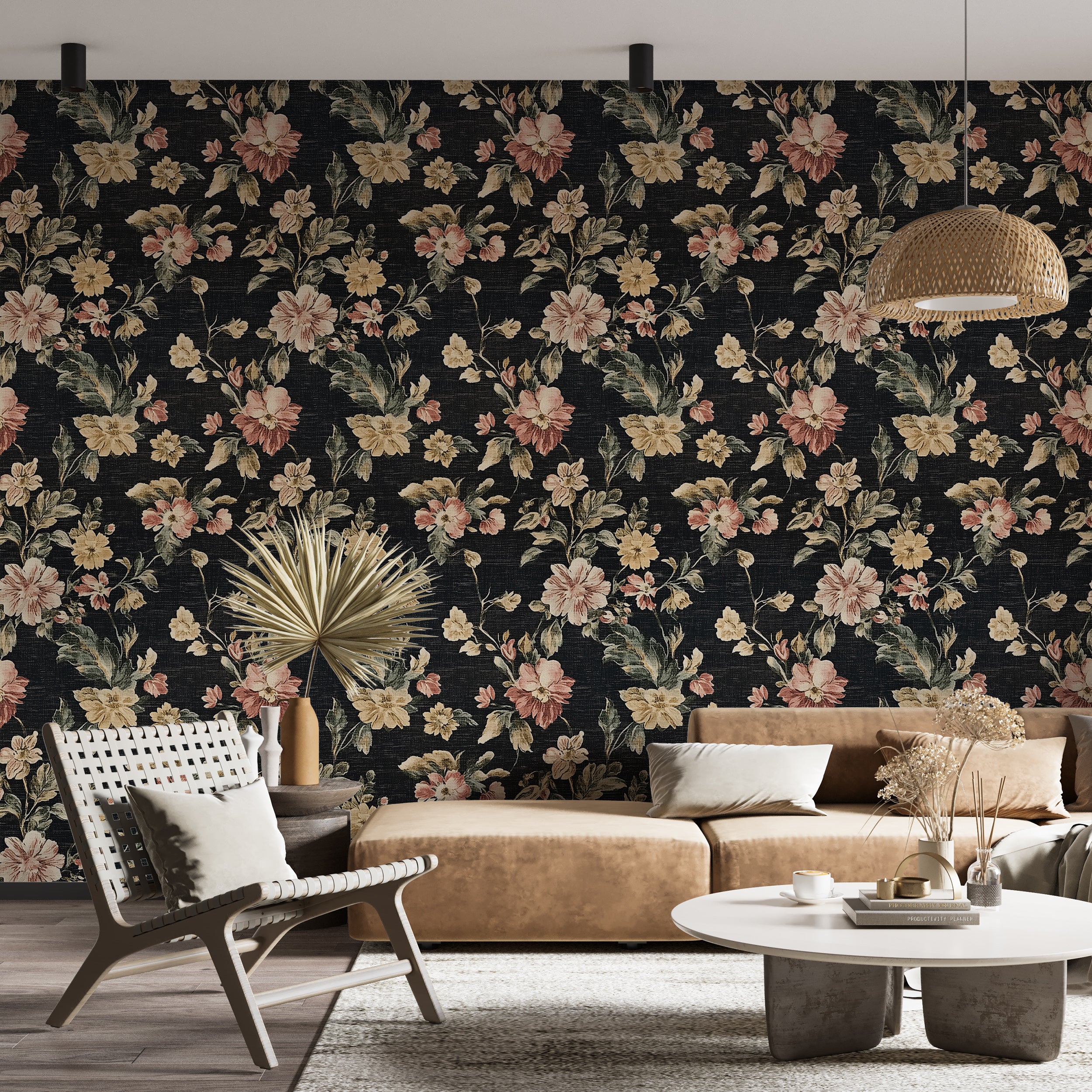 Rich Colors Floral Pattern Wallpaper, Vintage Dark Botanical Wall Decor, Peel and Stick Black Linen Background Art