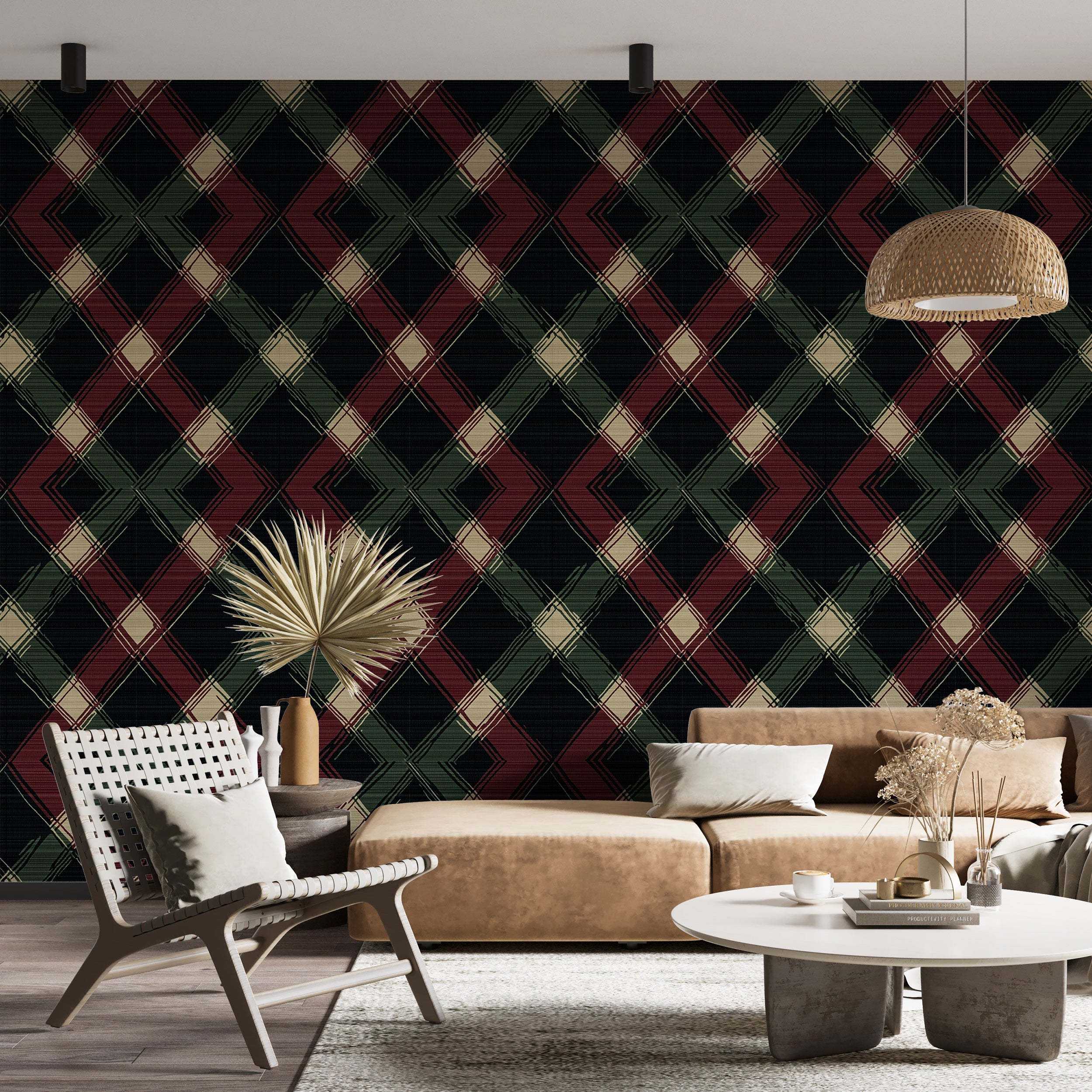 Green Red and Black Scotland Tartan Pattern Wallpaper, Retro Geometrical Wallpaper, Vintage Diamond Shape Art
