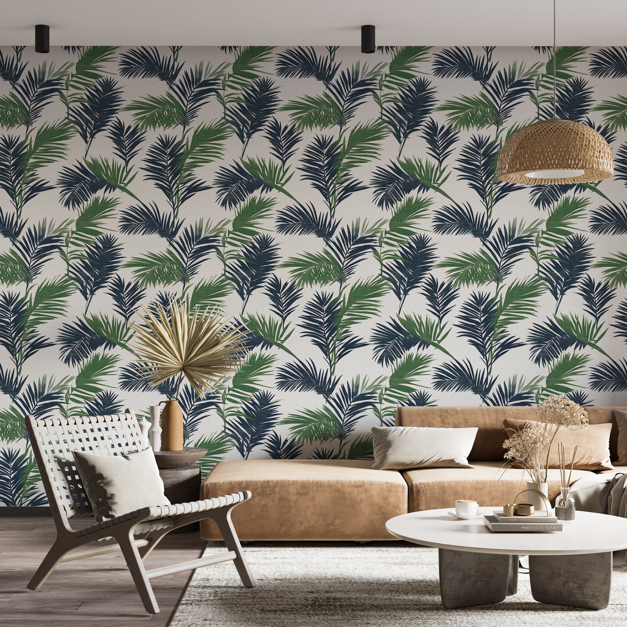 Green and Blue Palm Leaves Pattern Wallpaper, Peel and Stick Tropical Wall Decor, Jungle Botanical Wallpaper