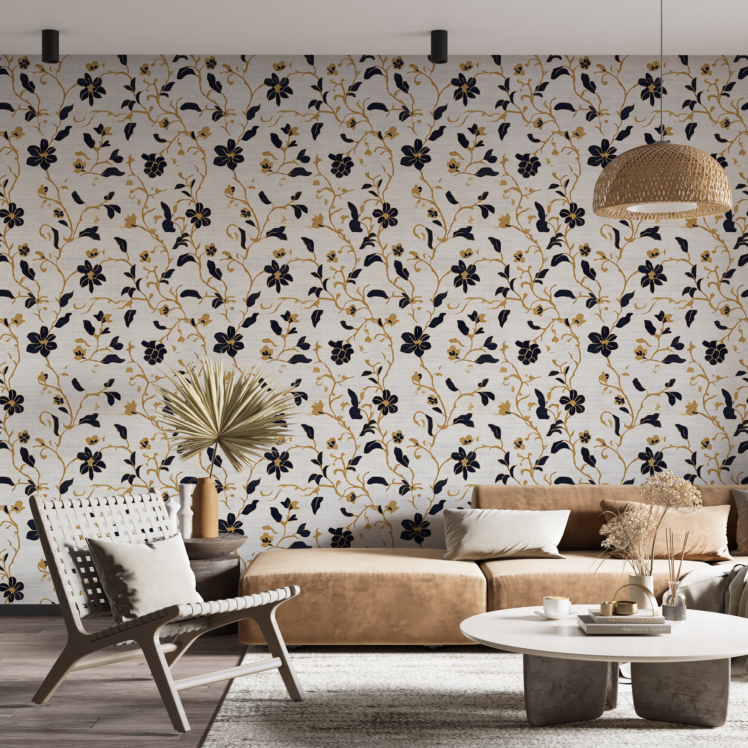Luxurious Light Floral Wallpaper, Black and Gold Flowers on White Background Wallpaper, Vintage Botanical Wall Decor