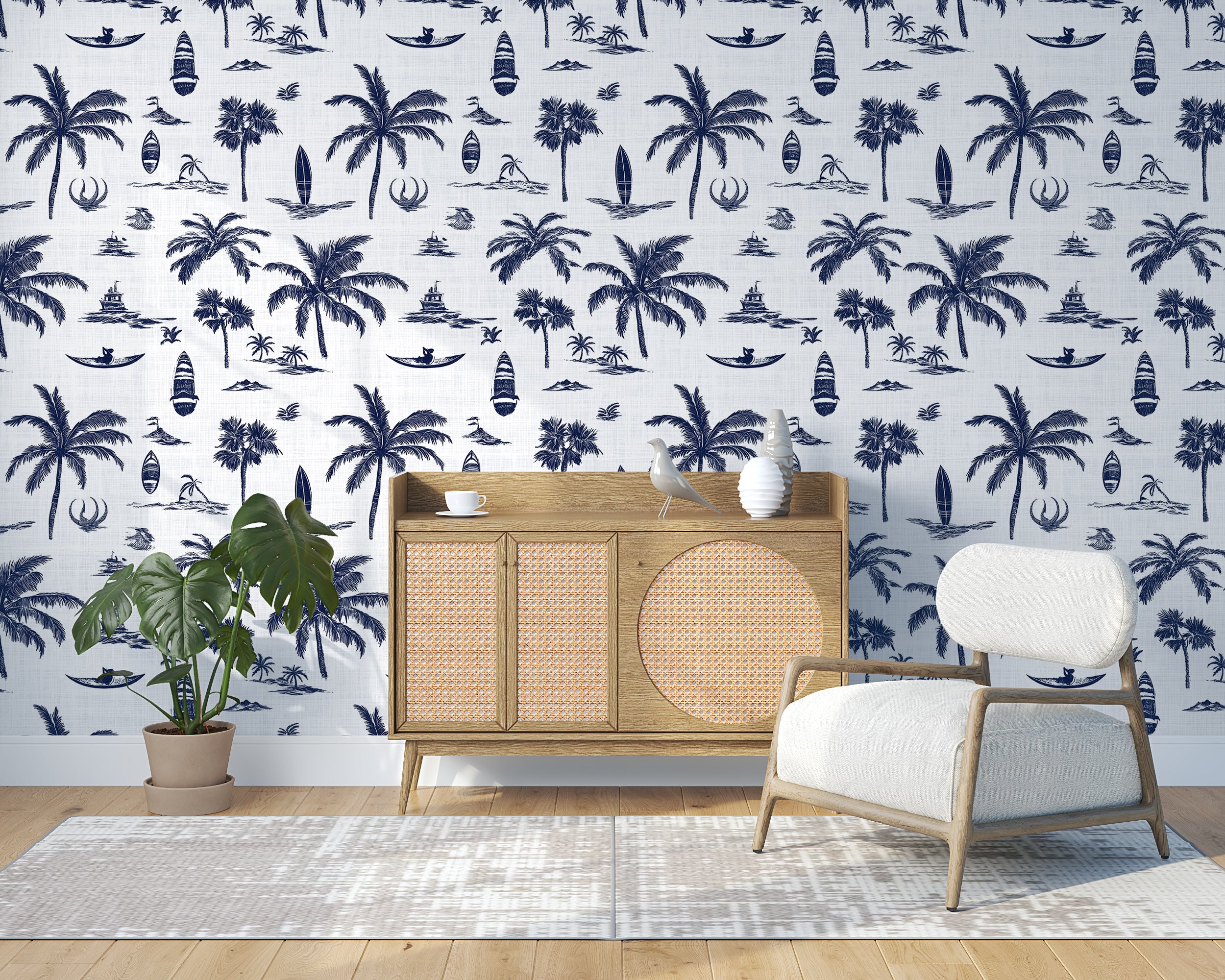 Papel tapiz con símbolos tropicales en azul y blanco, decoración de pared con estampado de palmeras y tablas de surf, arte costero autoadhesivo.