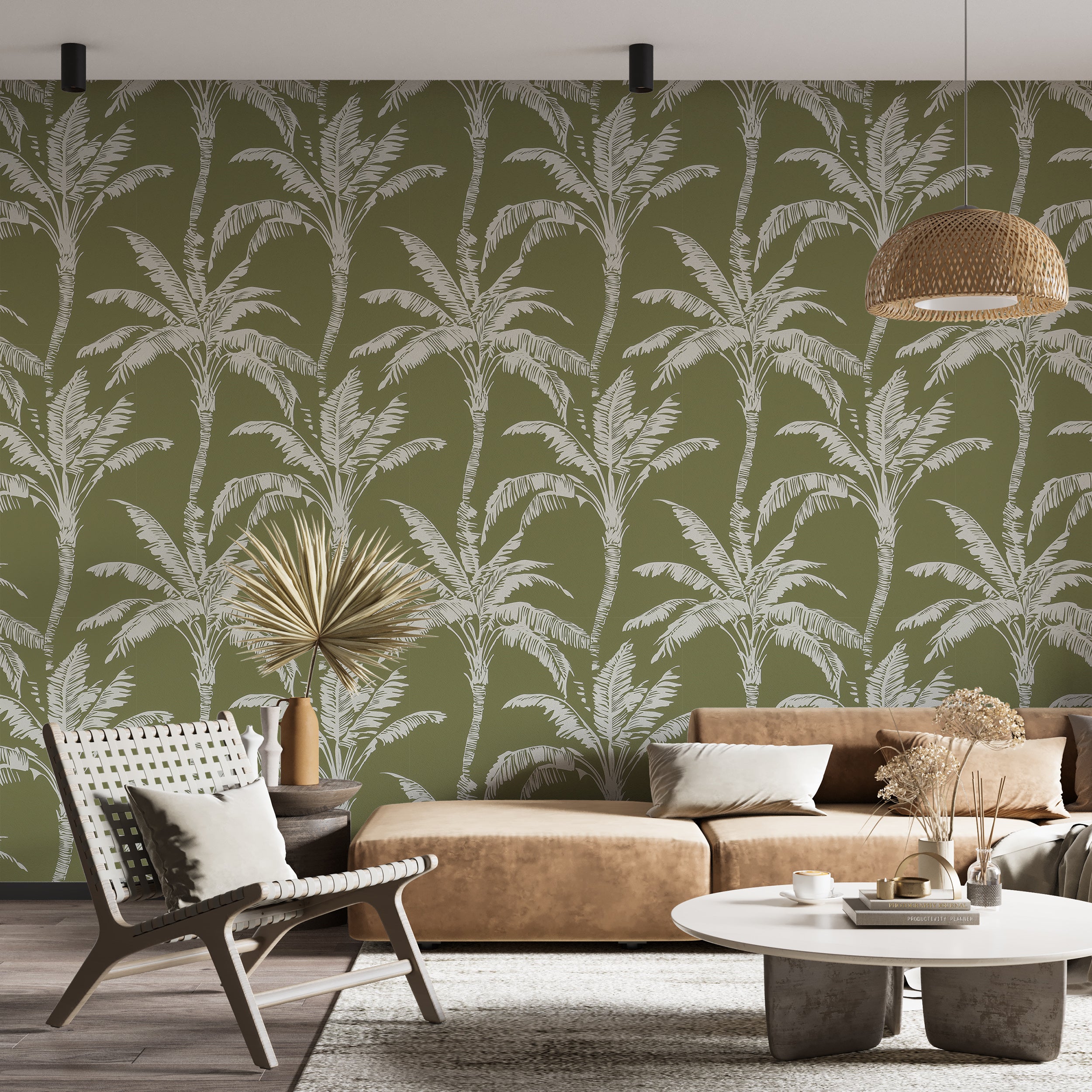 Olive Color Tropical Wallpaper, Palm Trees Pattern Wallpaper, Peel and Stick Jungle Minimalist Wall Decor