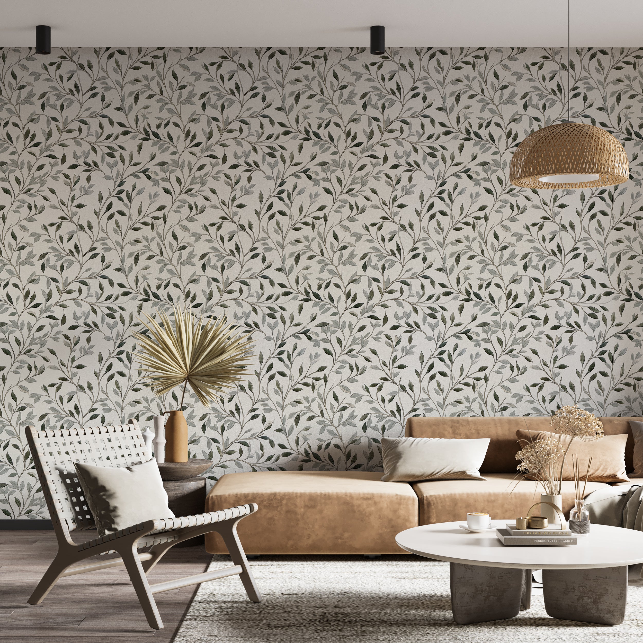Papel tapiz botánico gris, decoración de pared minimalista autoadhesiva, papel tapiz con estampado de hojas monocromático