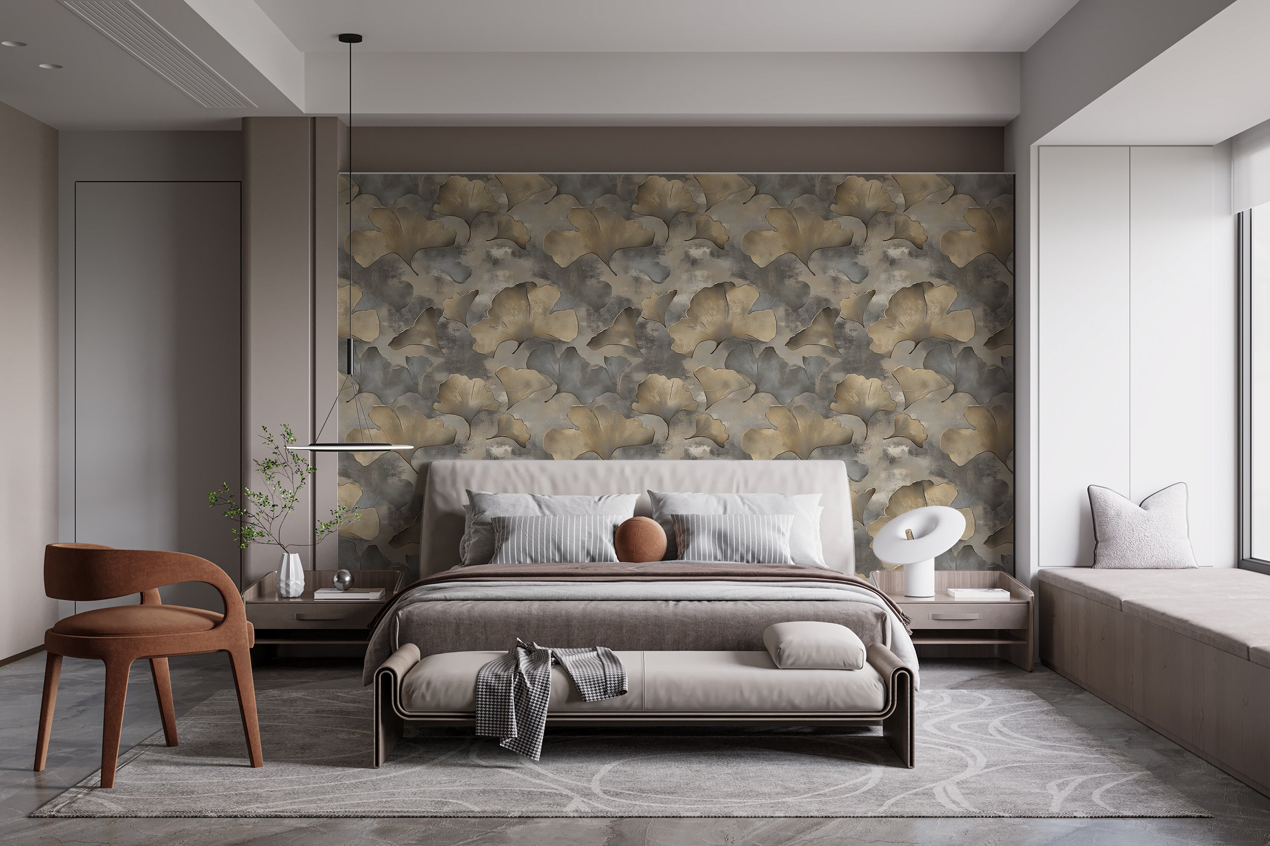 Papel tapiz moderno con hojas de ginkgo, arte botánico beige y gris, decoración de pared de lujo autoadhesiva.