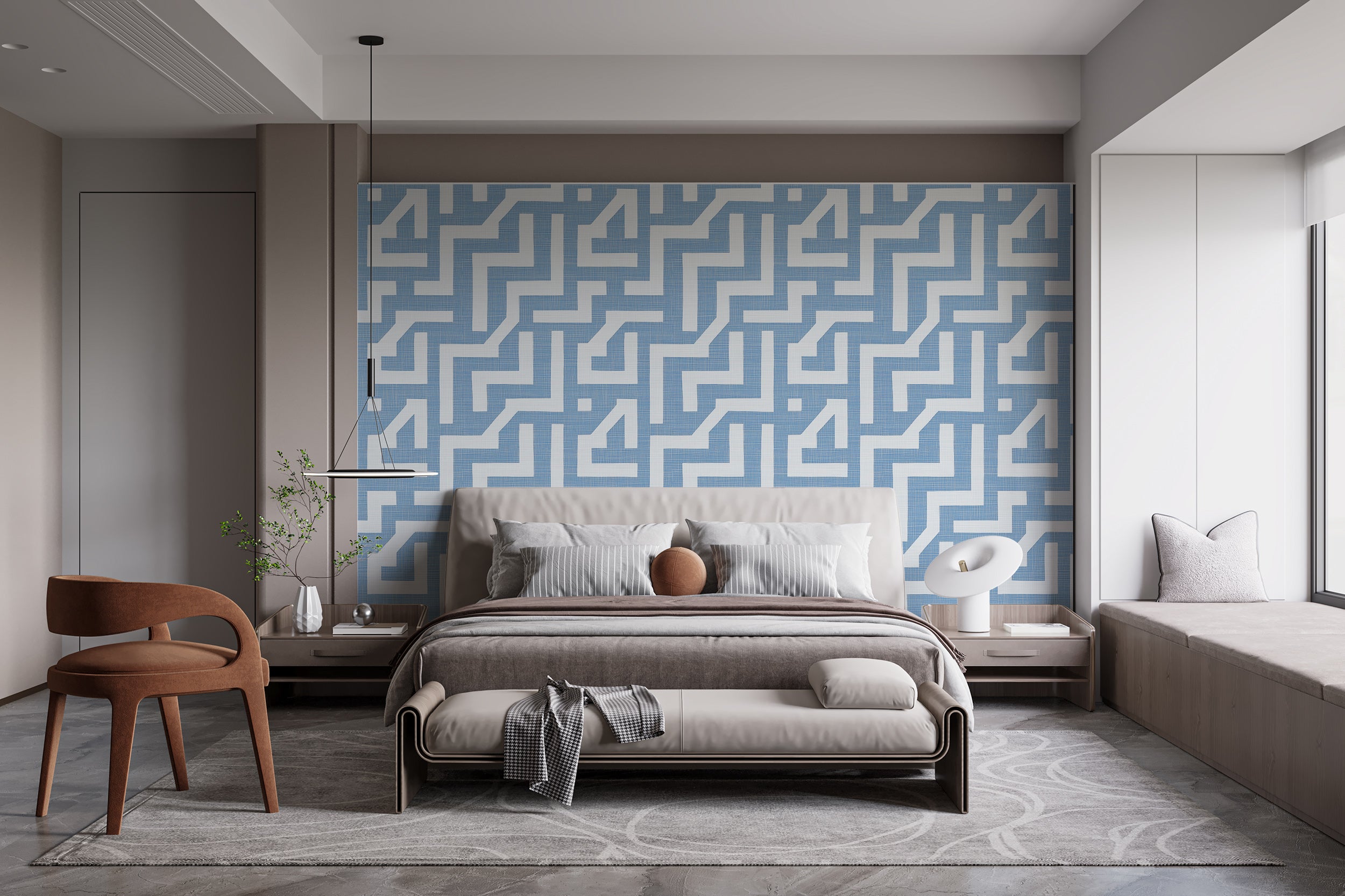 Papel tapiz de líneas de lino azul y blanco, diseño de pared geométrico azul y blanco despegable y adhesivo.