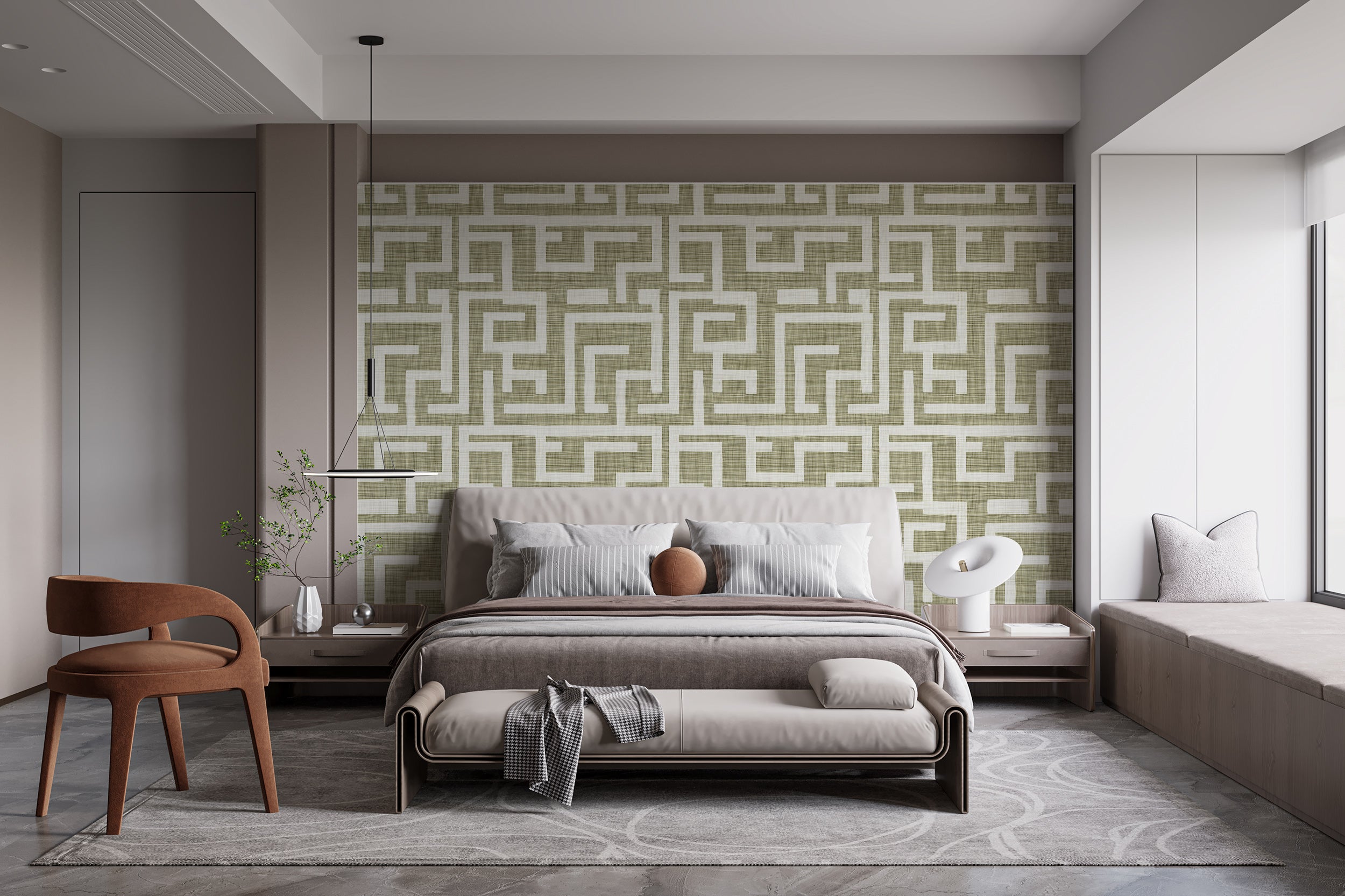 Papel tapiz geométrico en tonos oliva claro y blanco, decoración de pared con líneas de lino, papel tapiz moderno autoadhesivo.