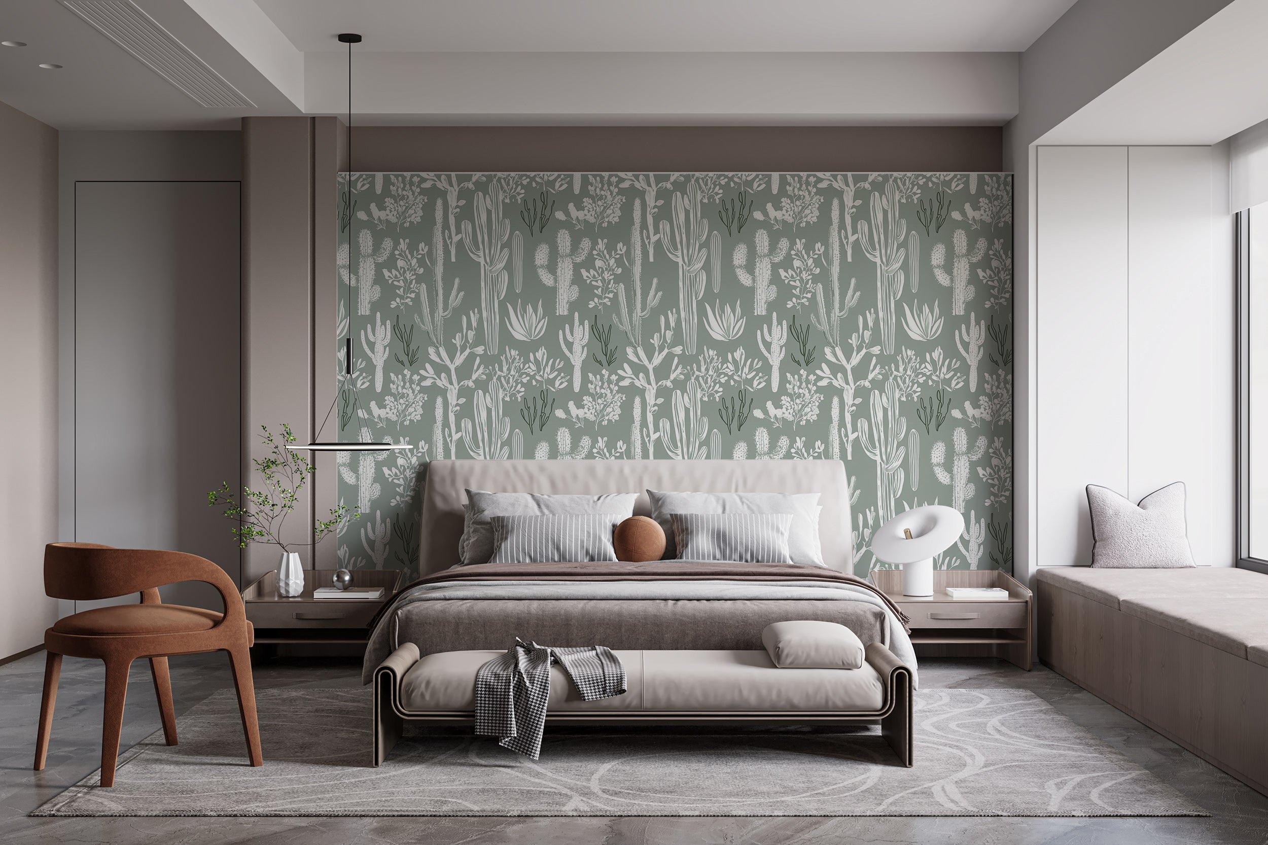 Papel tapiz con diseño de cactus en tonos verdes y blancos apagados, decoración de pared con plantas del desierto, papel tapiz botánico de Texas autoadhesivo.