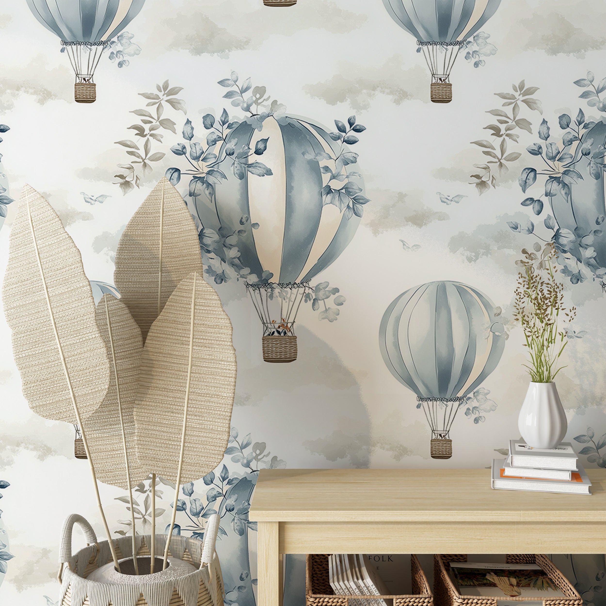 Blue Hot Air Balloon and Botanical Pattern Wallpaper, Soft Watercolor Sky and Balloon Wallpaper, Peel and Stick Removable Wallpaper