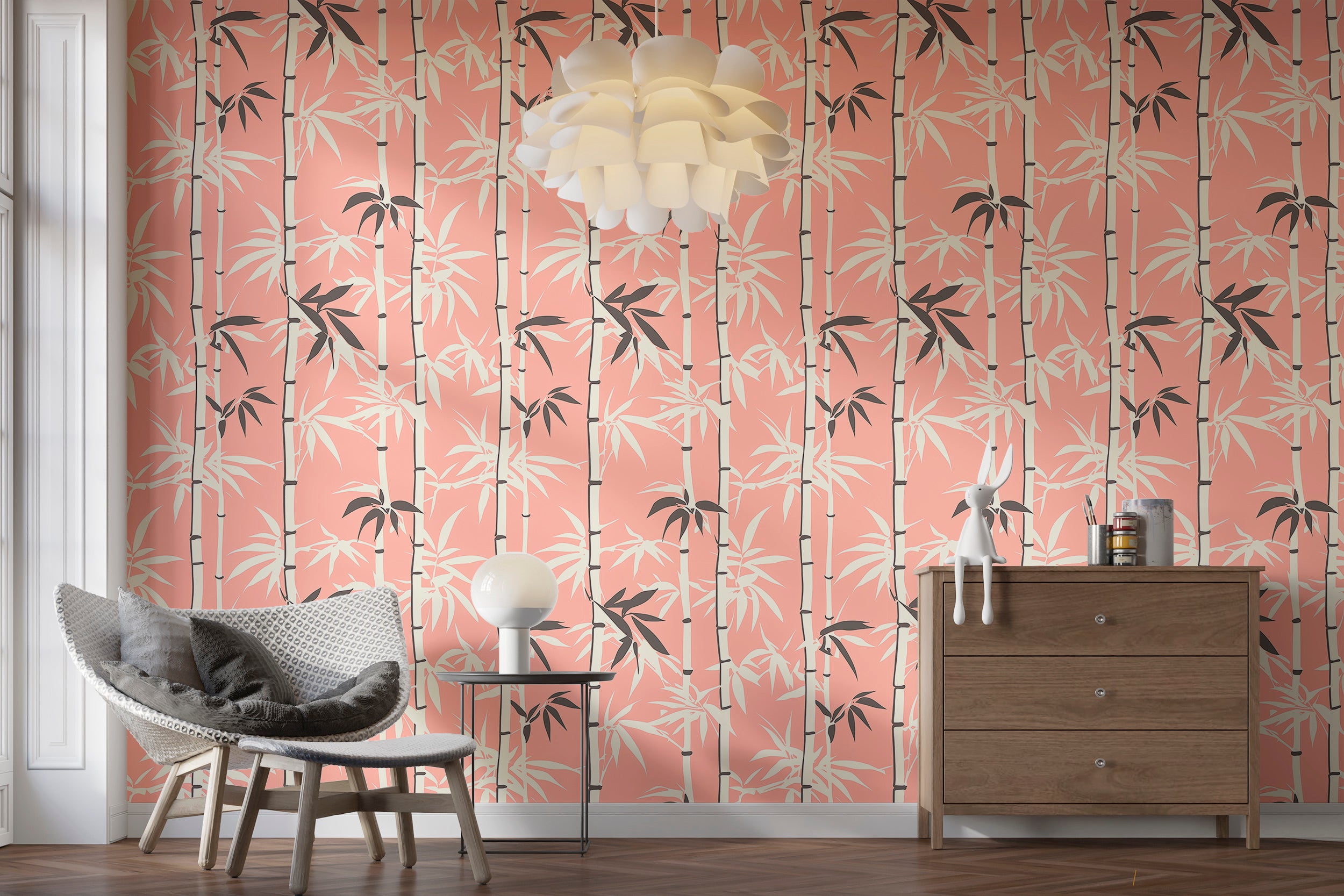 Peach Pink and White Bamboo Pattern Wallpaper, Japanese Modern Wallpaper, Chinoiserie Peel and Stick Wallpaper