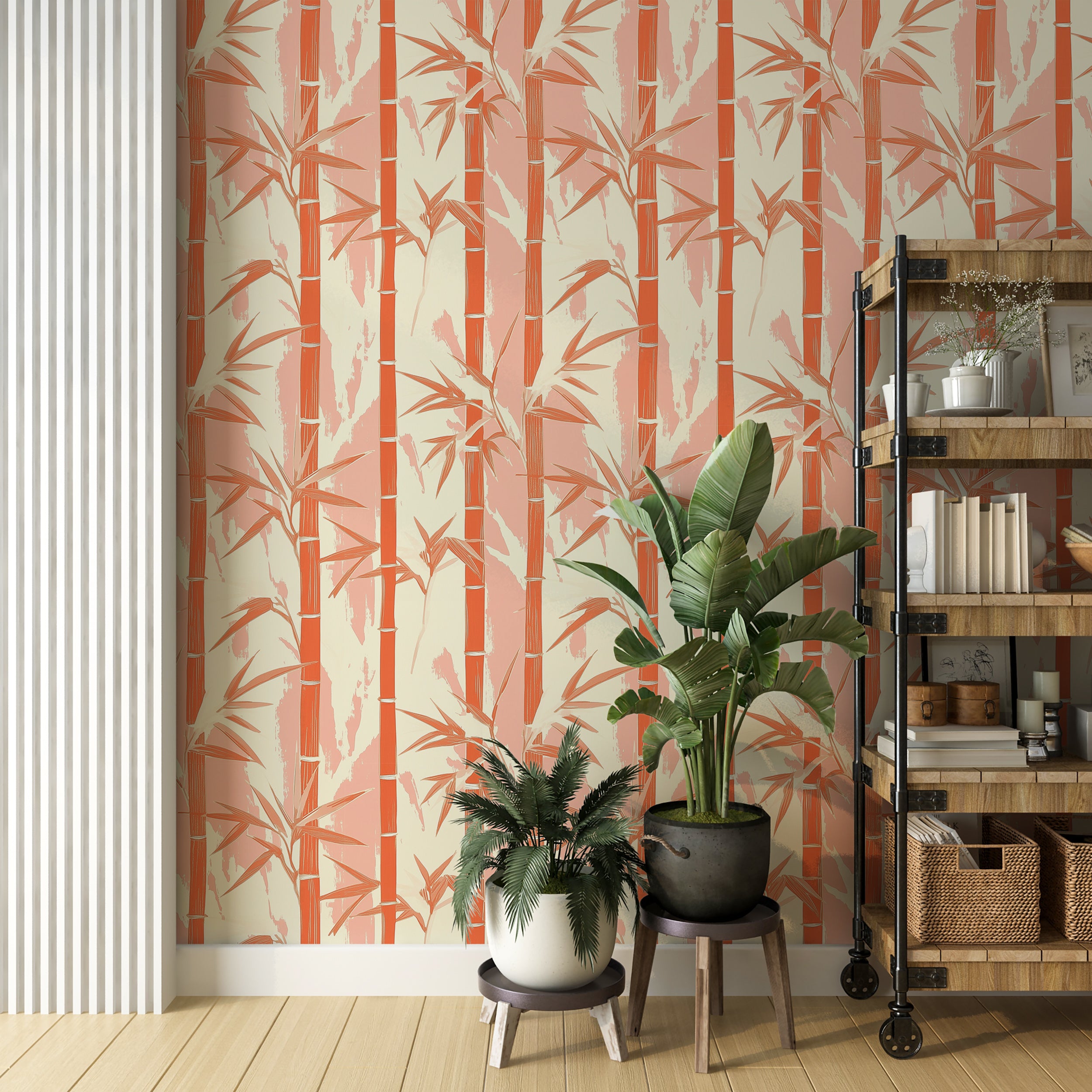Peach and Beige Bamboo Wallpaper, Peel and Stick Japanese Wall Decor, Botanical Removable Wallpaper