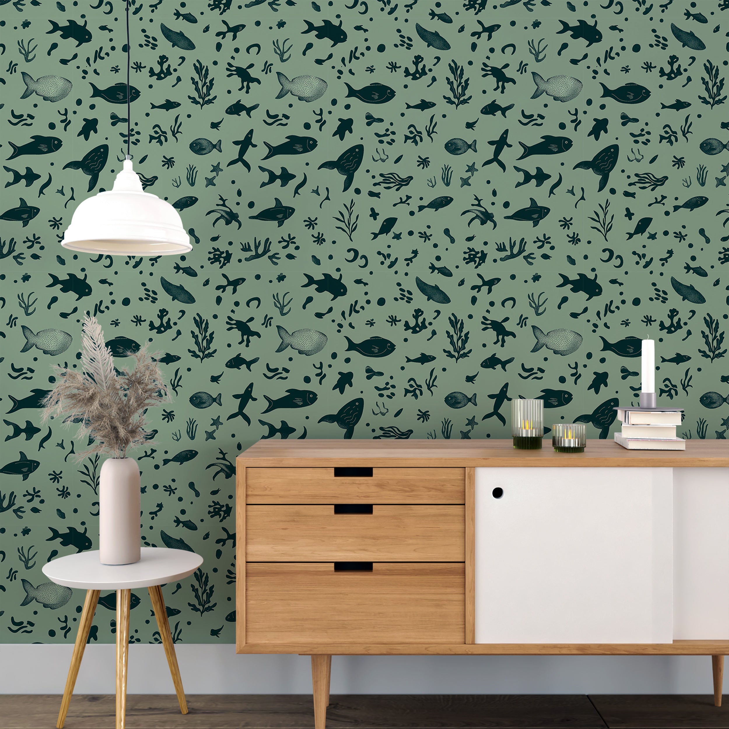 Underwater aquatic plant and fish pattern.
Tranquil ocean-inspired wallpaper for homes.