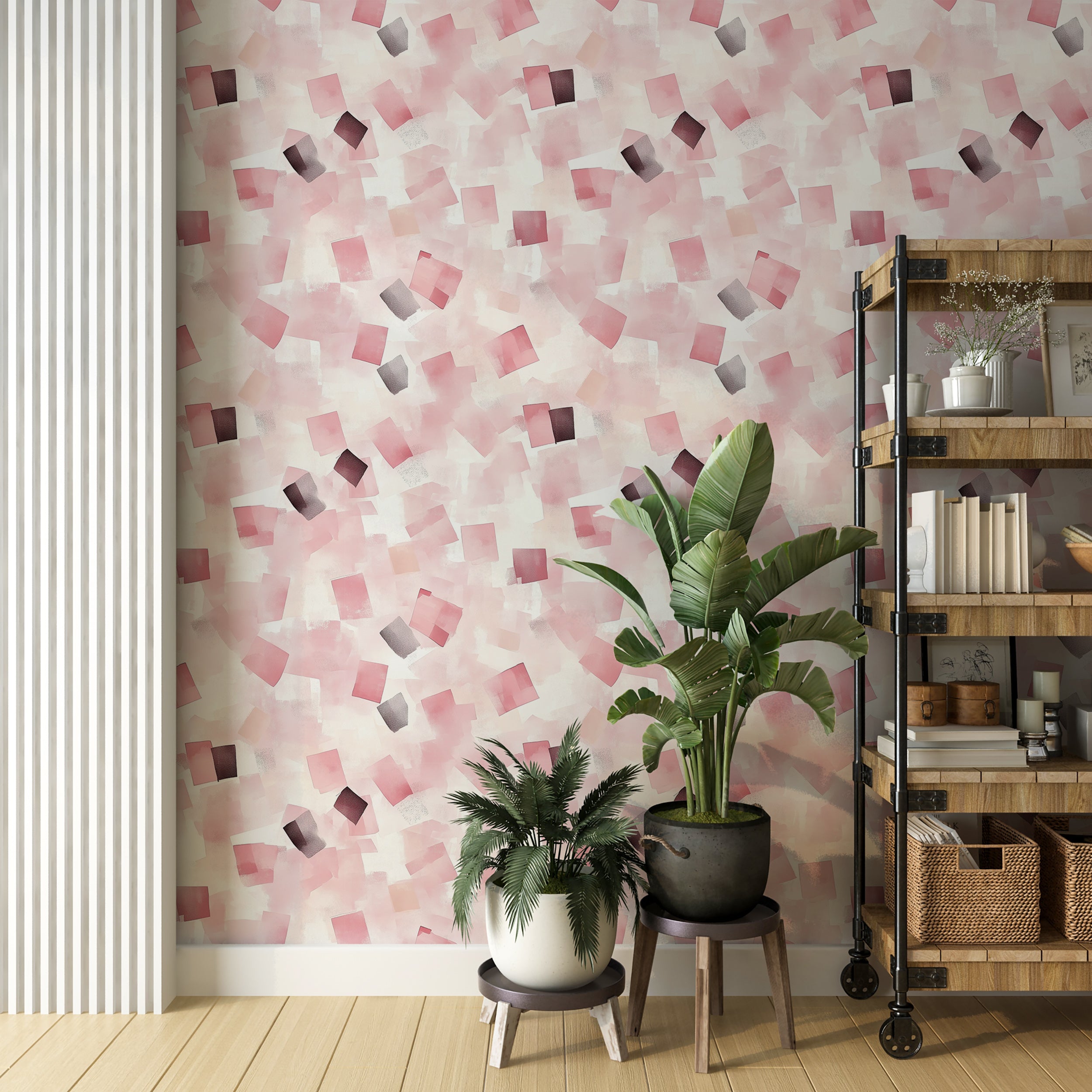 Minimalist geometric peel-and-stick wallpaper.
Abstract blush and cream wallpaper for bedrooms.