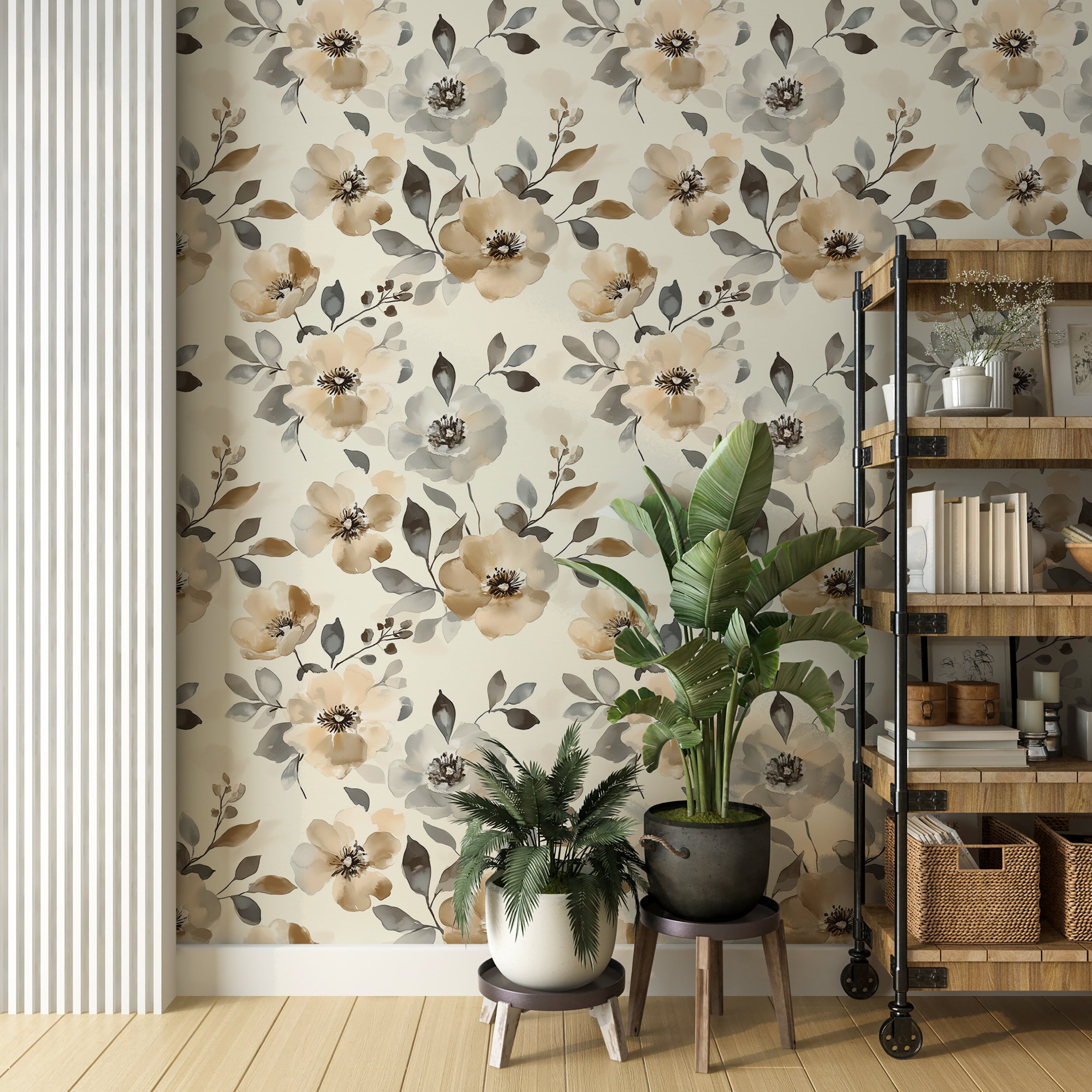 Watercolor Muted Beige and Gray Floral Wallpaper, Soft Floral Design, Elegant Watercolor Flower Wall Decal, Peel and Stick Wallpaper