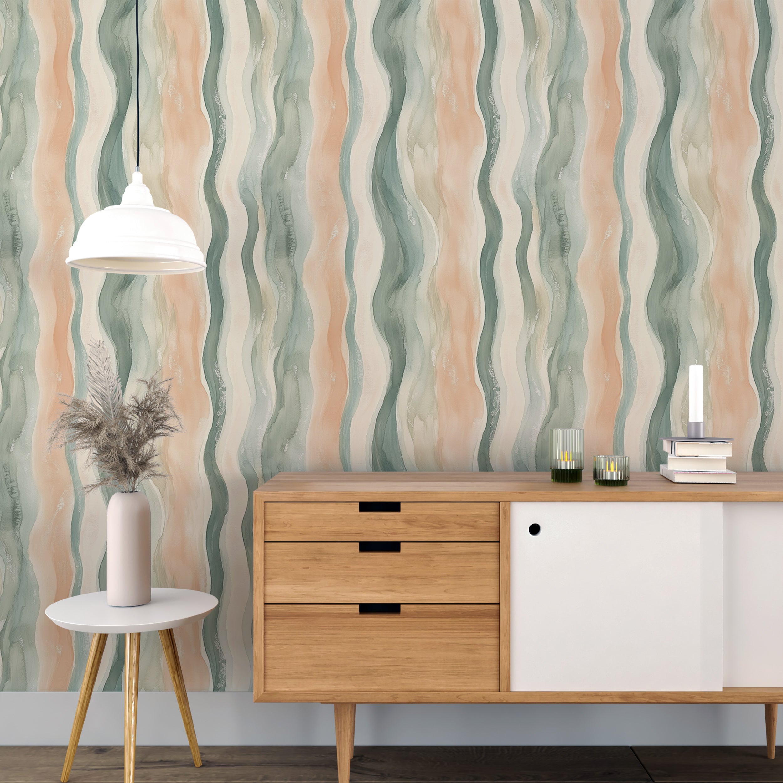 Watercolor Pastel Beige, Teal, Peach, and Light Green Wavy Stripes Wallpaper, Soft Fluid Wave Decor, Modern Pastel Wallpaper, Peel and Stick Wallpaper