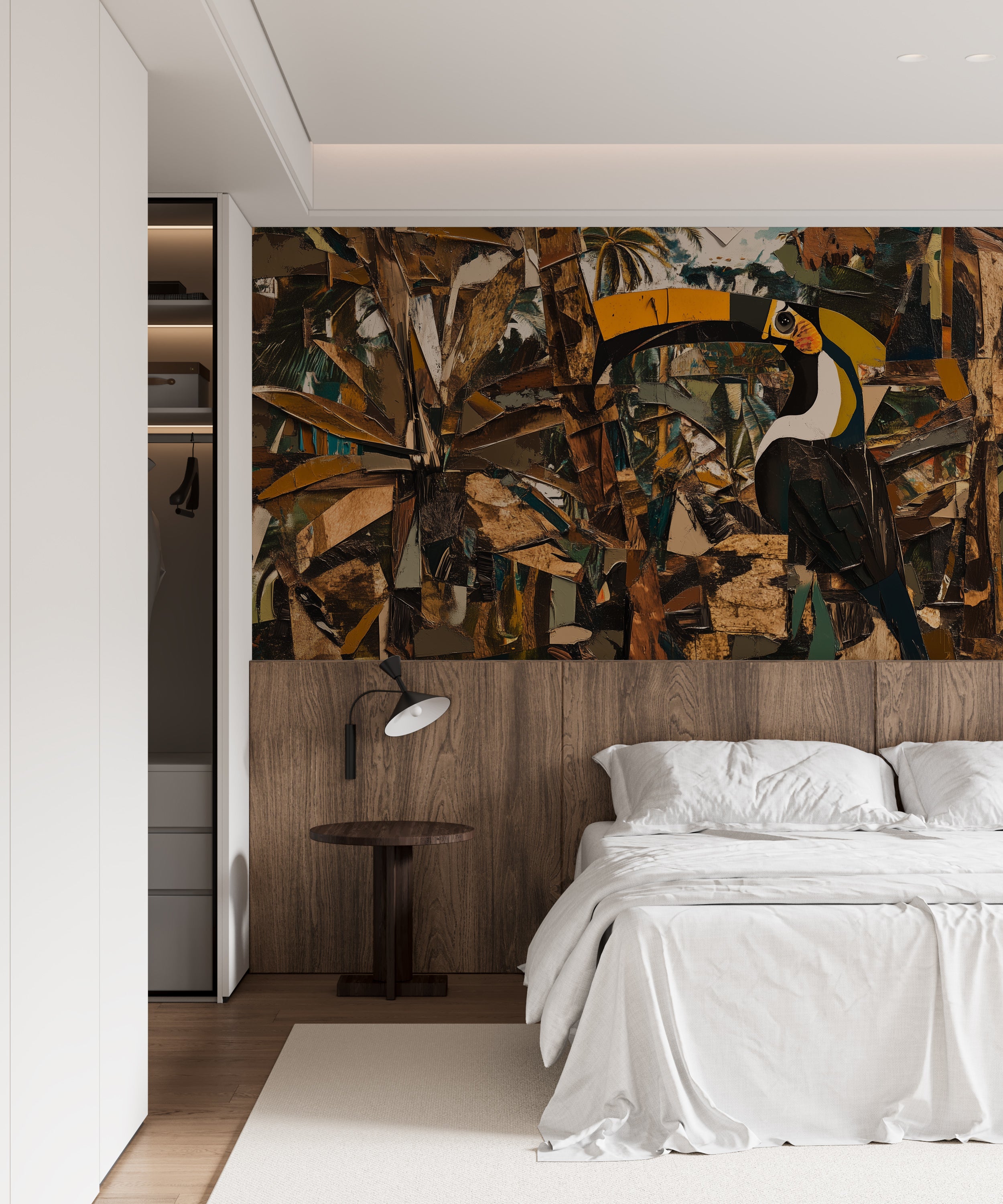 Toucan in the Jungle Oil Painting Style Wall Mural, Abstract Brown Forest Wall Art Decor, Peel and Stick Colorful Bird Mural