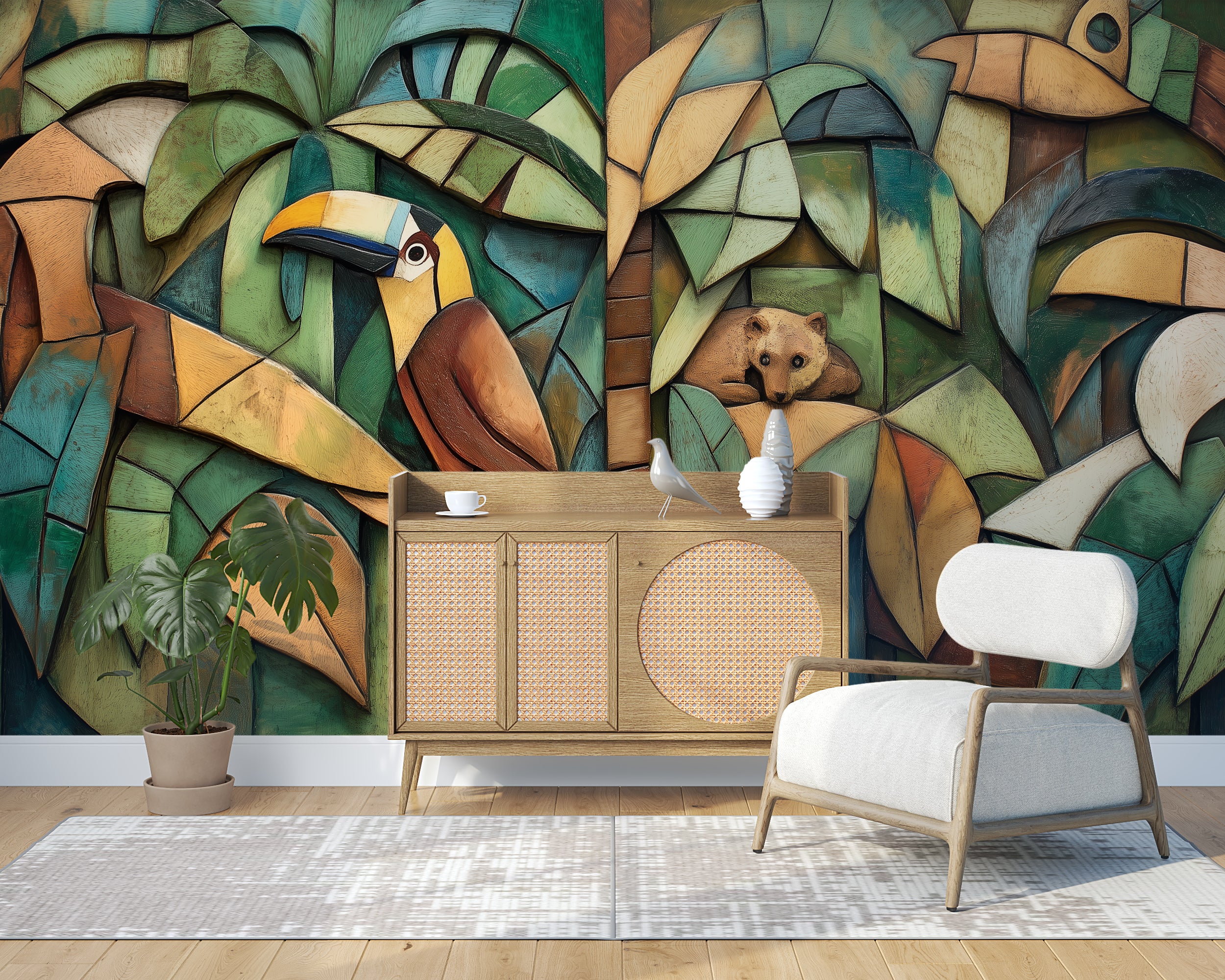 Cubism Style Jungle Mural, Toucan and Bear Wallpaper, Peel and Stick Green Abstract Tropical Forest Mural