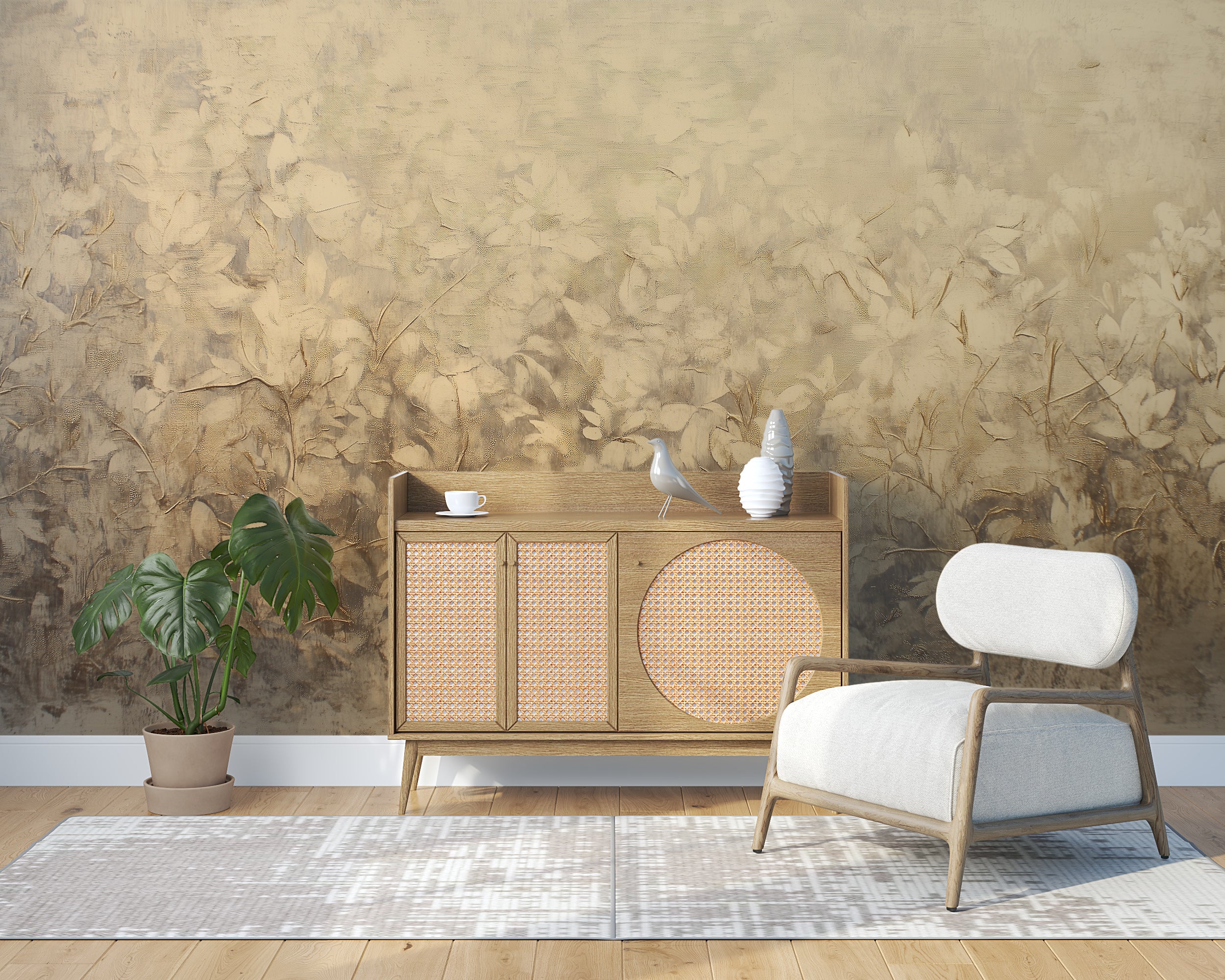 Vintage Gold Botanical Wall Mural, Washed Out Leaves and Trees Oil Painting Style Wallpaper, Peel and Stick Golden Mural