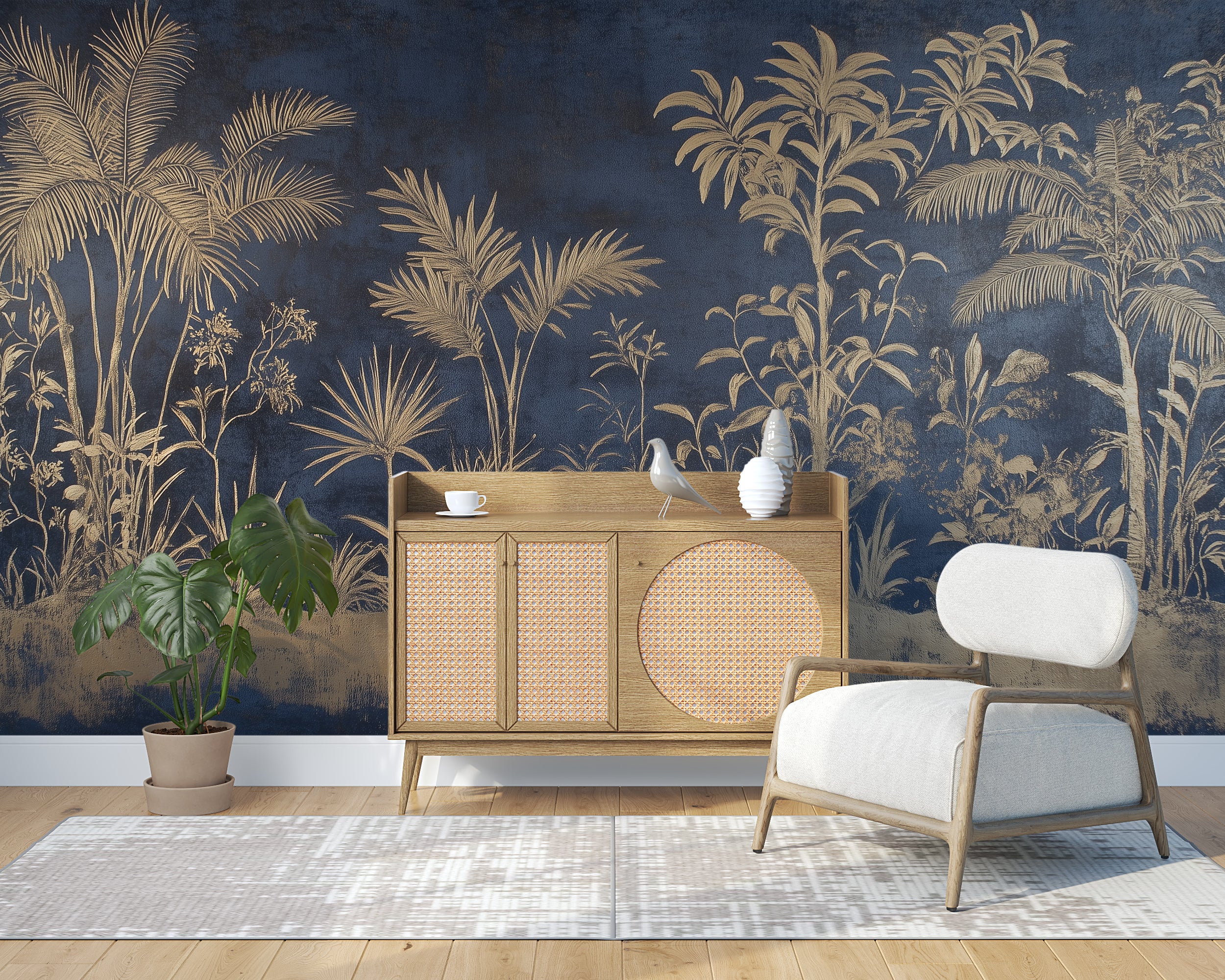 Dark Blue and Beige Palm Trees Mural, Peel and Stick Vintage Forest Wallpaper, Botanical Mural, Luxury Wallpaper