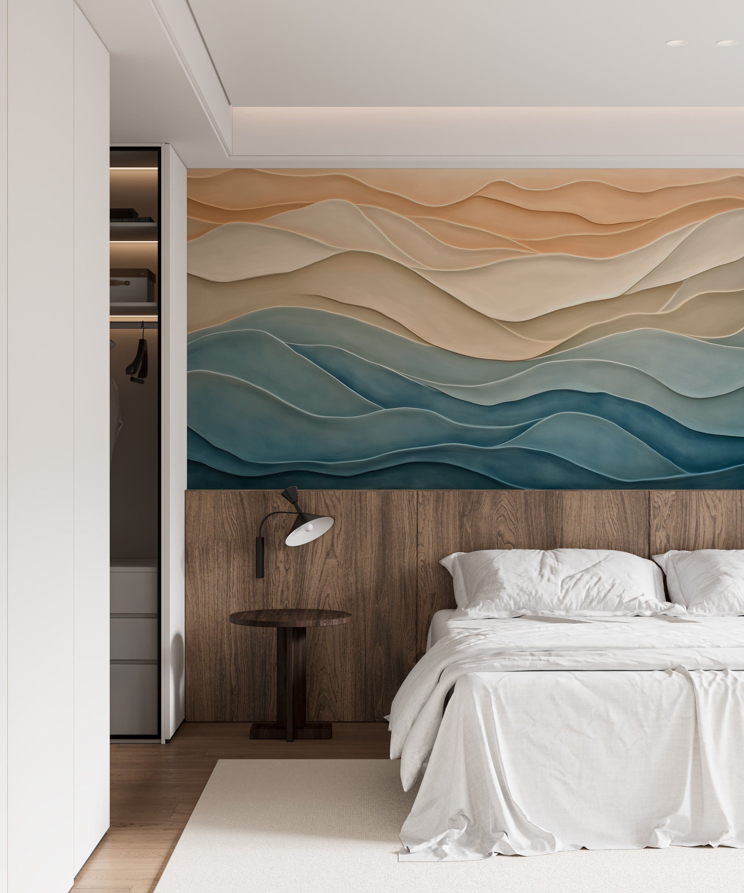 Mural de pared con líneas azules y beige, papel pintado abstracto moderno con ondas, decoración geométrica autoadhesiva, calcomanía extraíble.