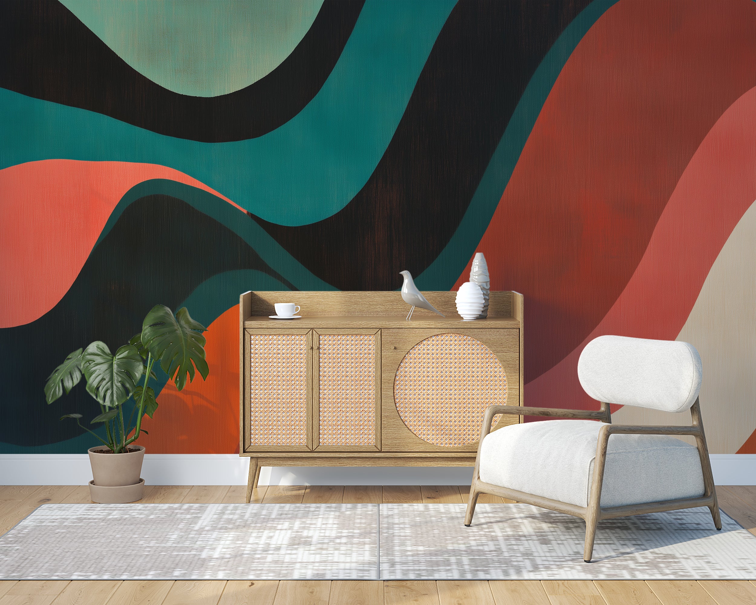 Bold Green and Red Abstract Mural, Peel and Stick Colorful Geometric Wallpaper, Modern Removable Mural