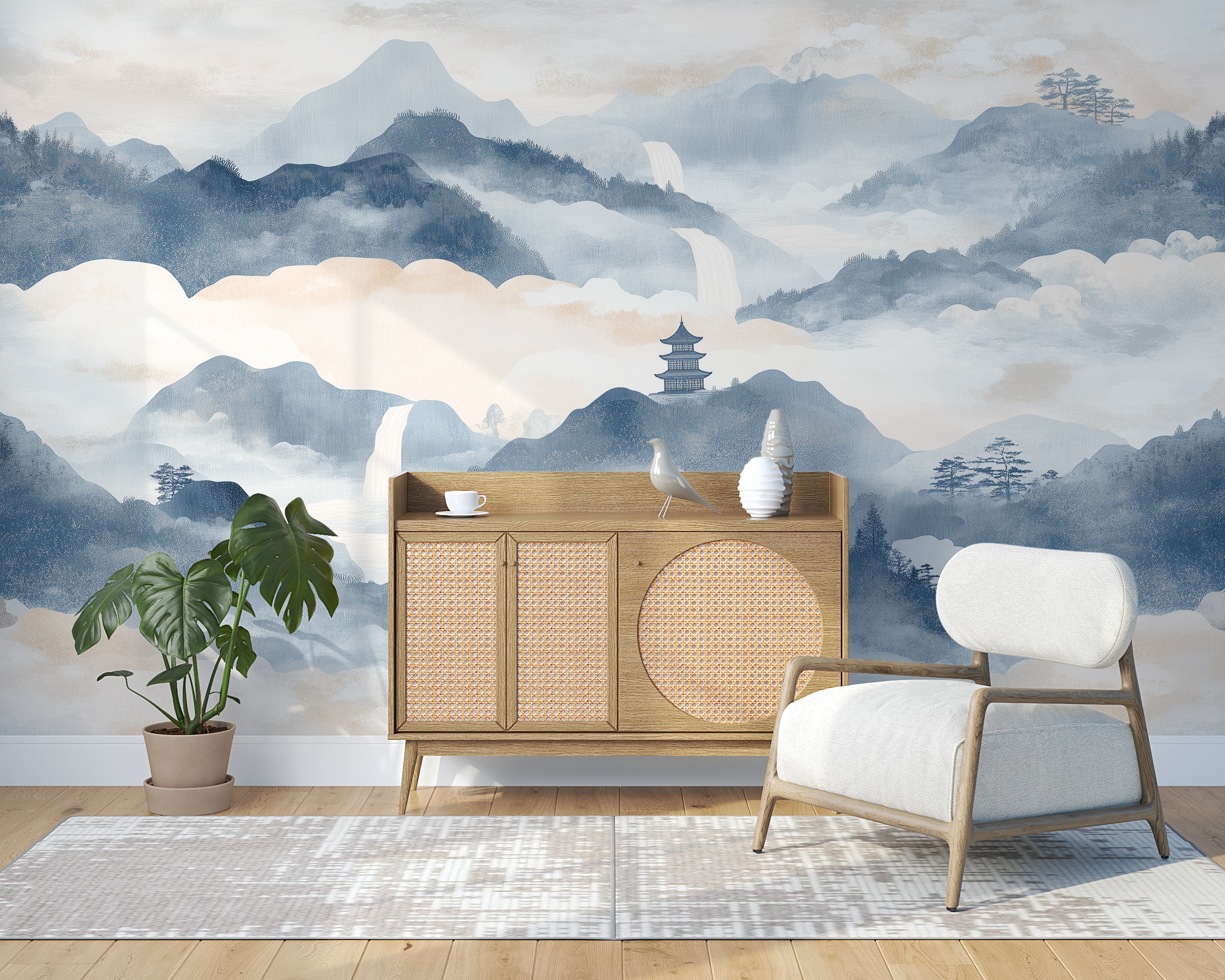 Soft Blue and White Landscape Mural, Chinese Mountains Wallpaper, Watercolor Cloudy Wall Mural, Peel and Stick Decor