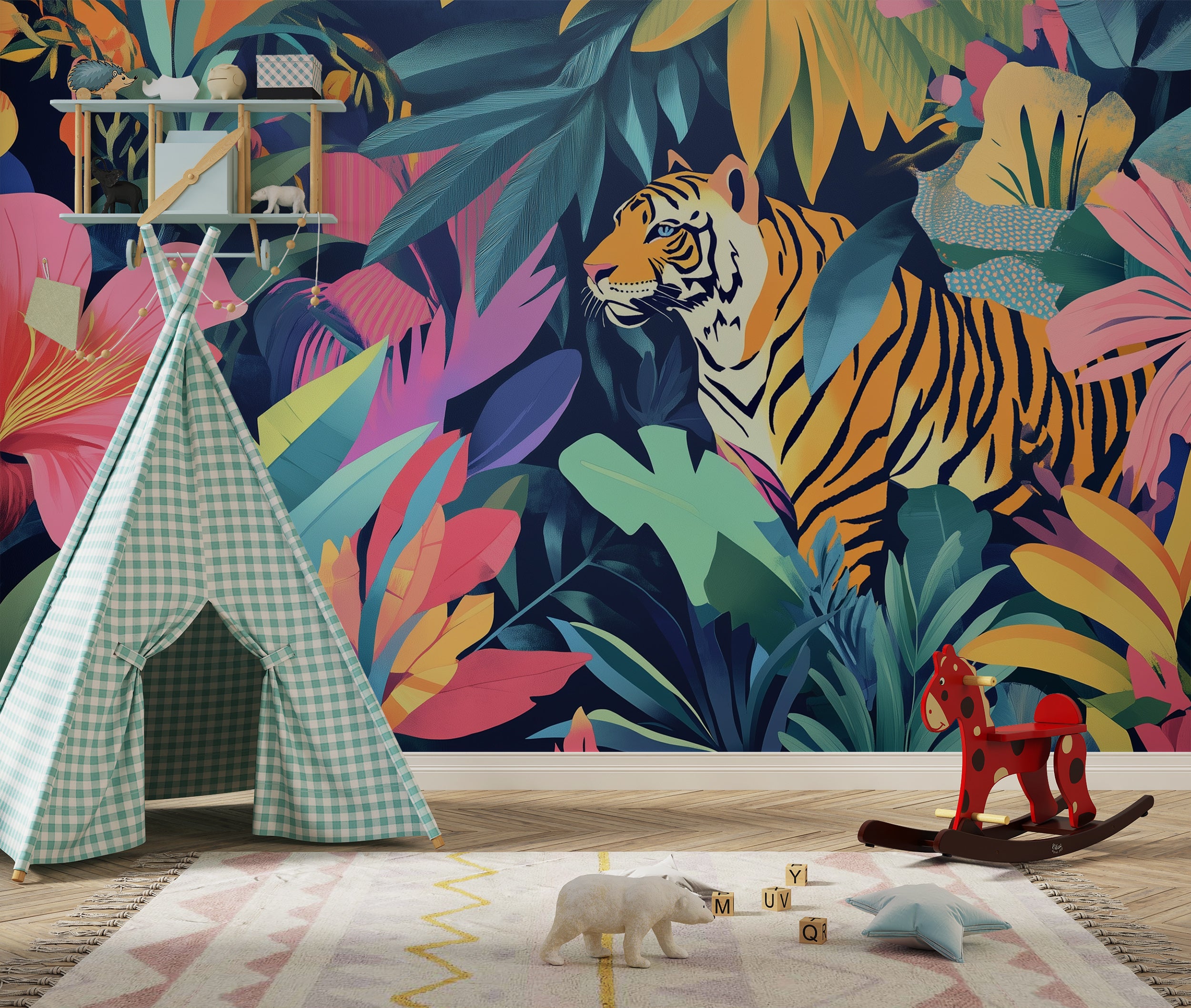Colorful tiger wall mural.
Jungle decor with exotic wildlife.