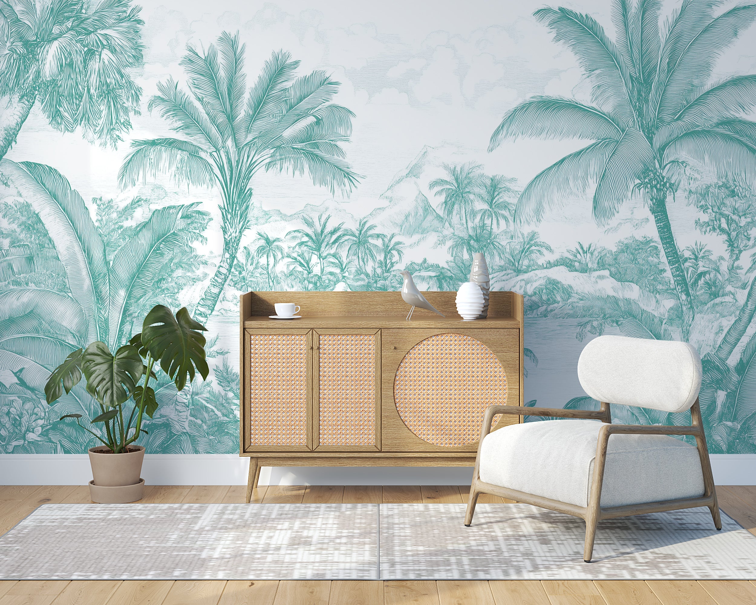 Green monochrome jungle mural.
Elegant tropical forest wall decor.