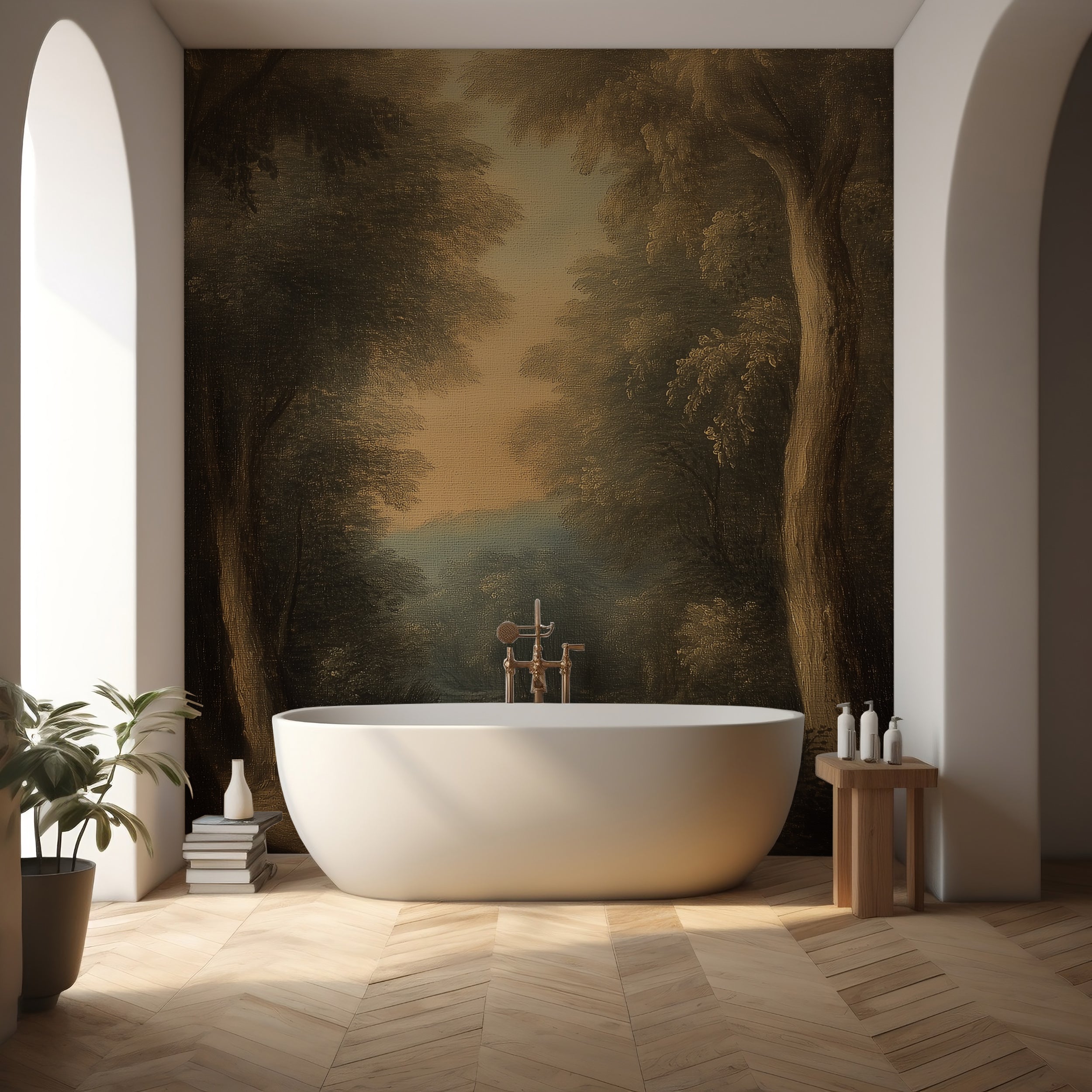 Dark Moody Forest Mural, Vintage Peel and Stick Wallpaper, Rural Trees Wall Decor, Removable Wallpaper