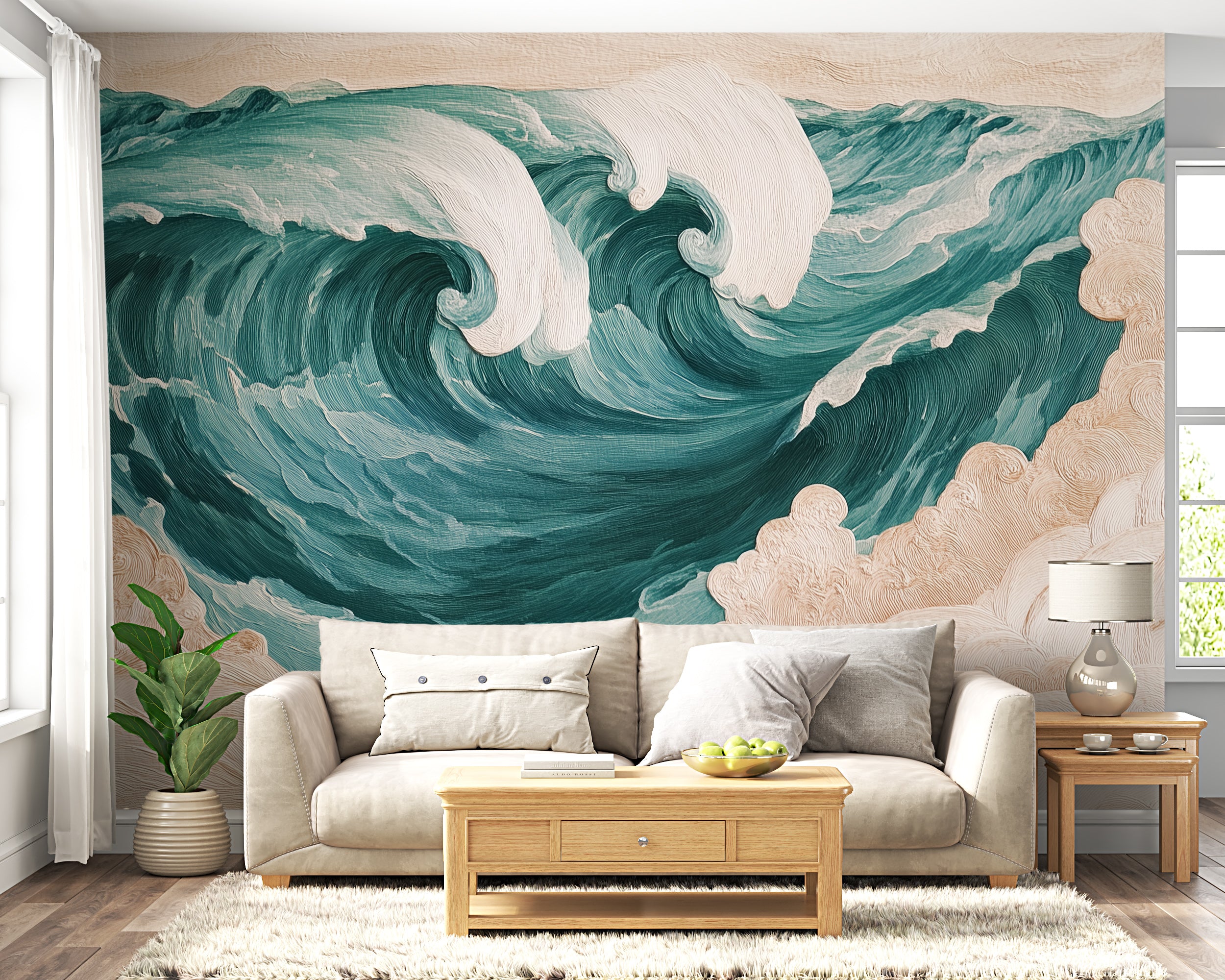 Ocean Waves Mural, Peel and Stick Wallpaper, Turquoise Oil Painting Ocean Mural, Custom Size Wall Decor