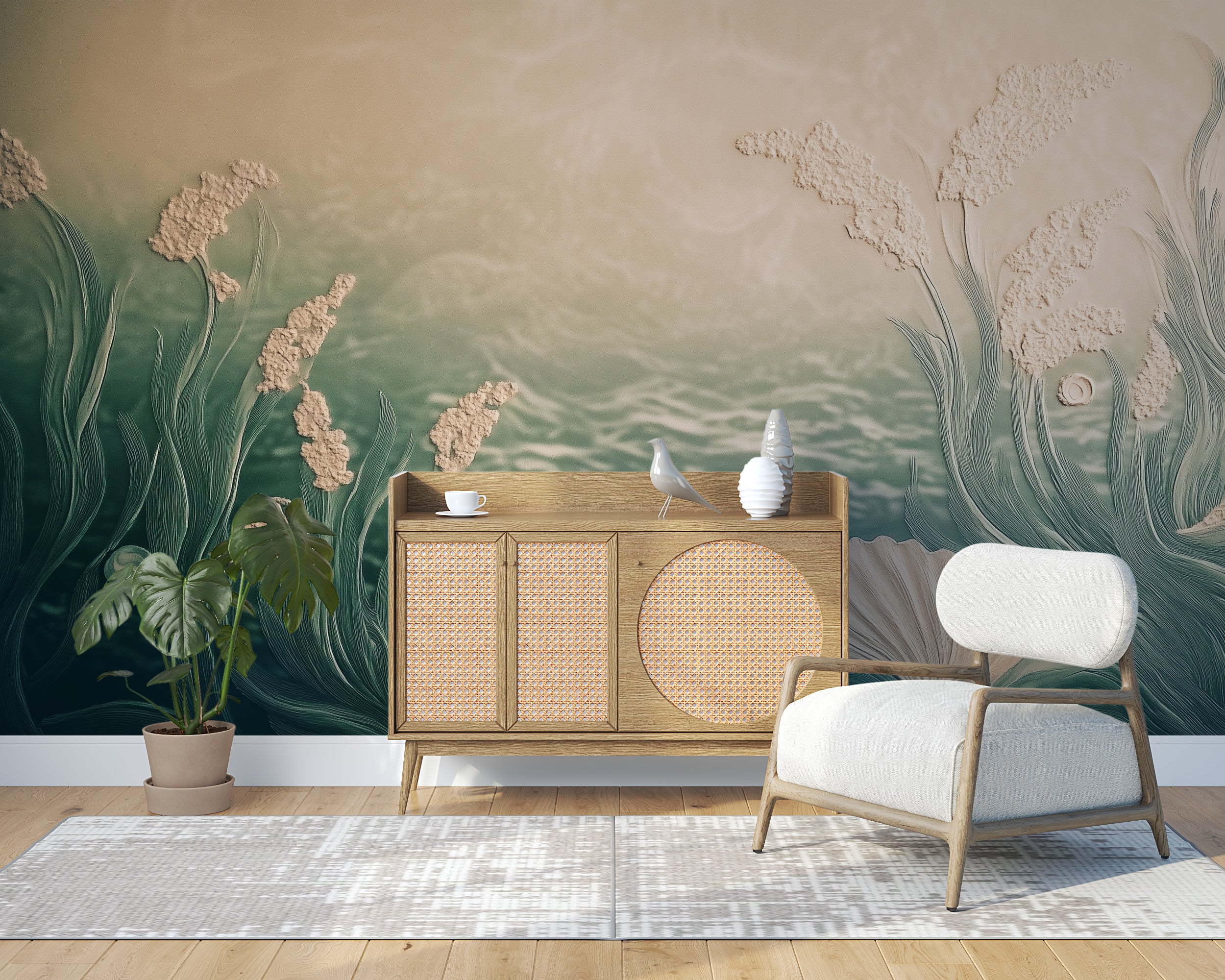 Muted teal underwater mural.
Abstract nautical wallpaper.